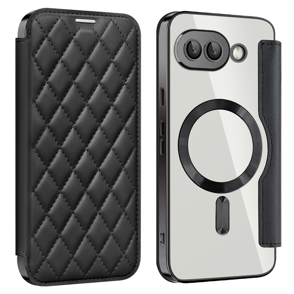 For Google Pixel 9a Magnetic Case Rhombus PU Leather Phone Cover - Black