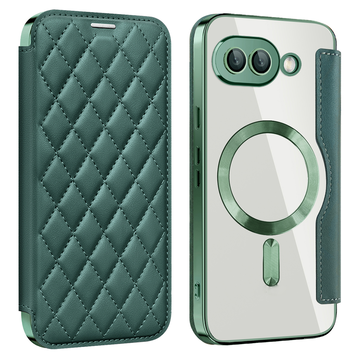 For Google Pixel 9a Magnetic Case Rhombus PU Leather Phone Cover - Blackish Green