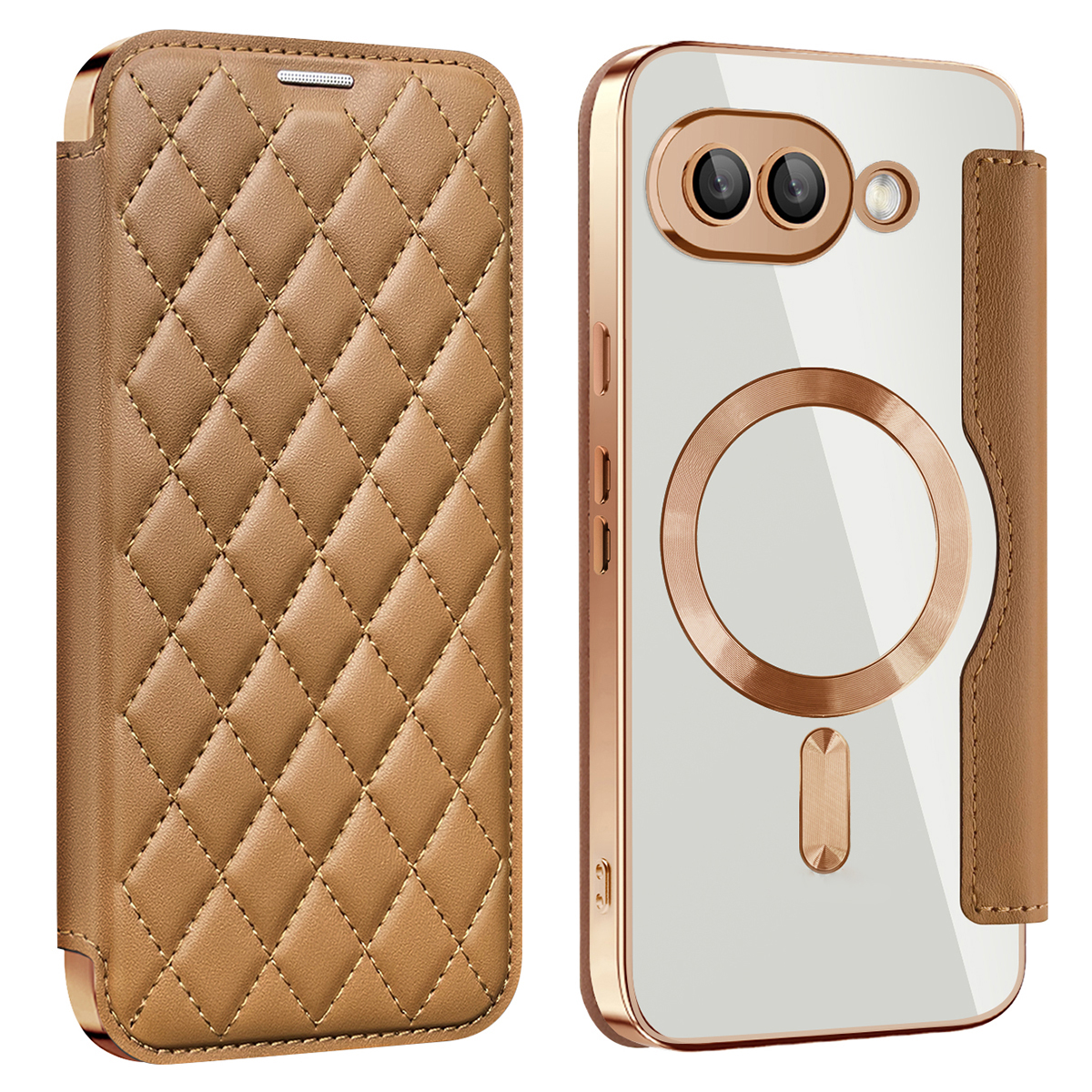 For Google Pixel 9a Magnetic Case Rhombus PU Leather Phone Cover - Brown