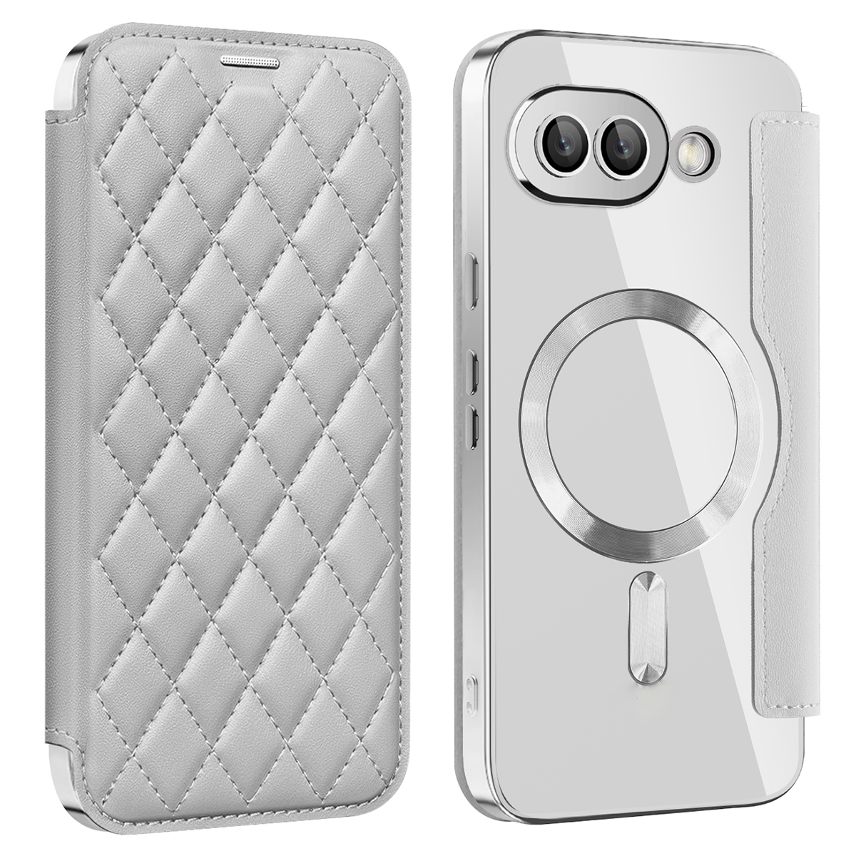 For Google Pixel 9a Magnetic Case Rhombus PU Leather Phone Cover - Titanium Grey