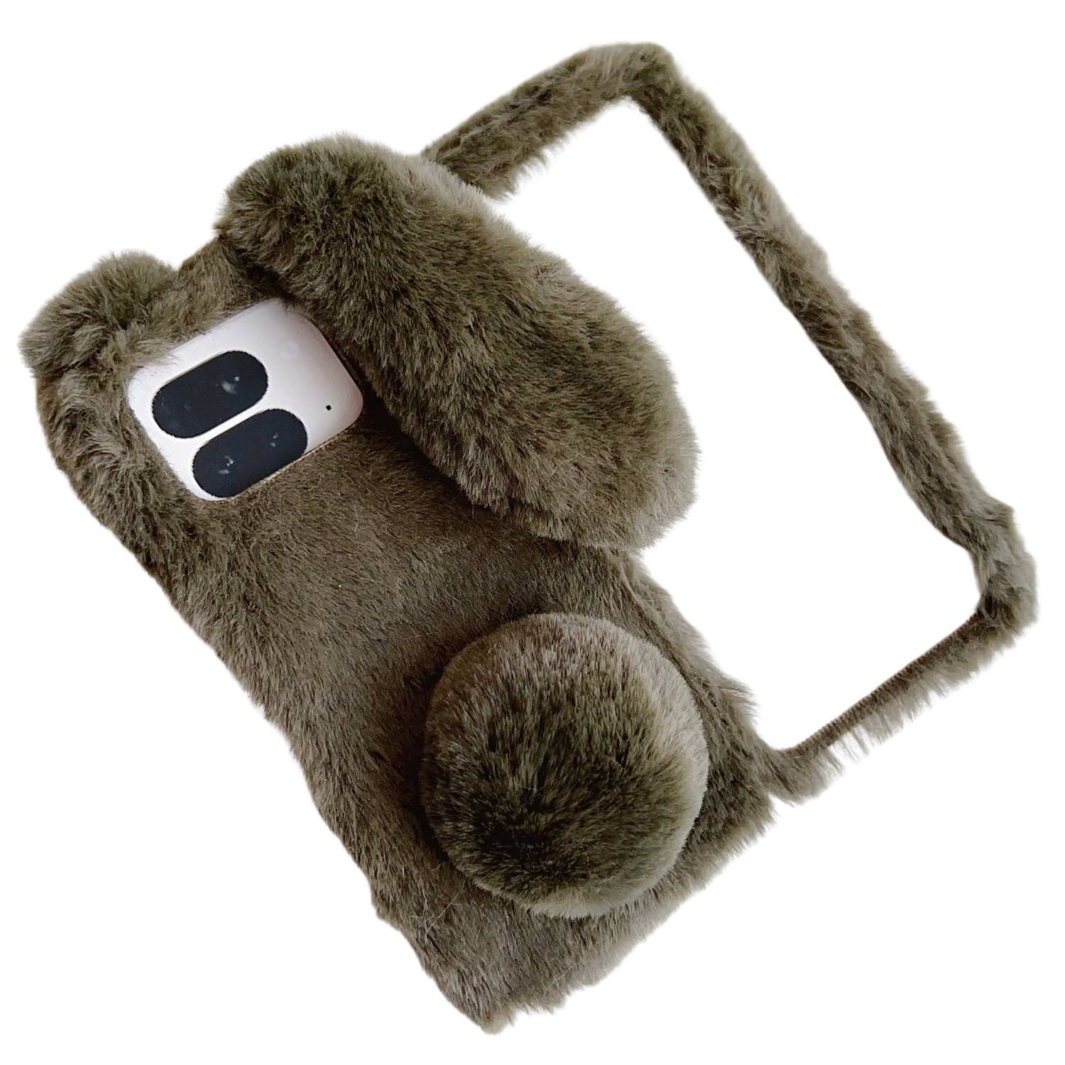 For Google Pixel 9 Pro Fold 5G Case Bunny Ears Winter Plush Hard PC Phone Cover - Dark Brown