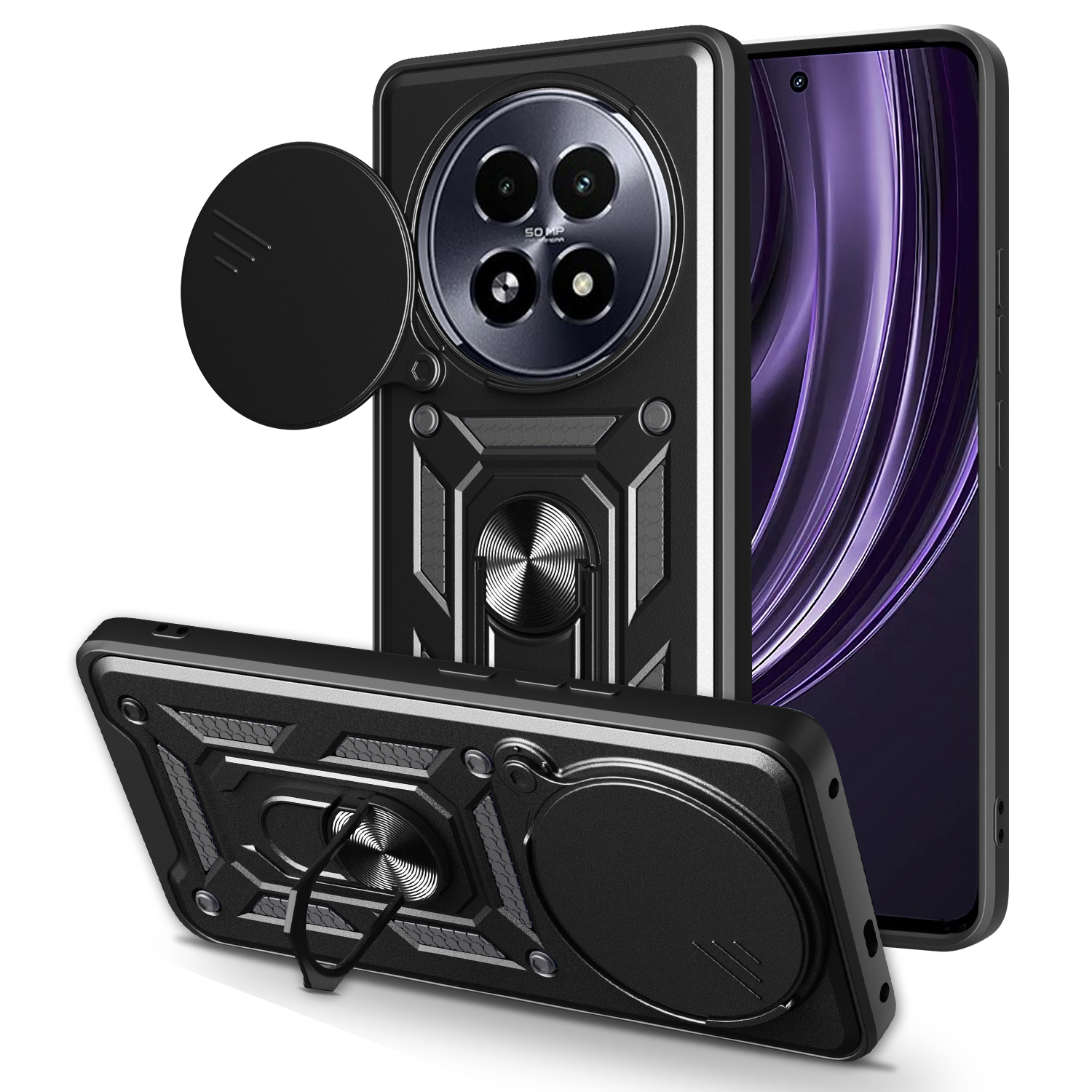 For Realme 13+ 5G Case with Slide Camera Lid PC + TPU Kickstand Phone Cover - Black