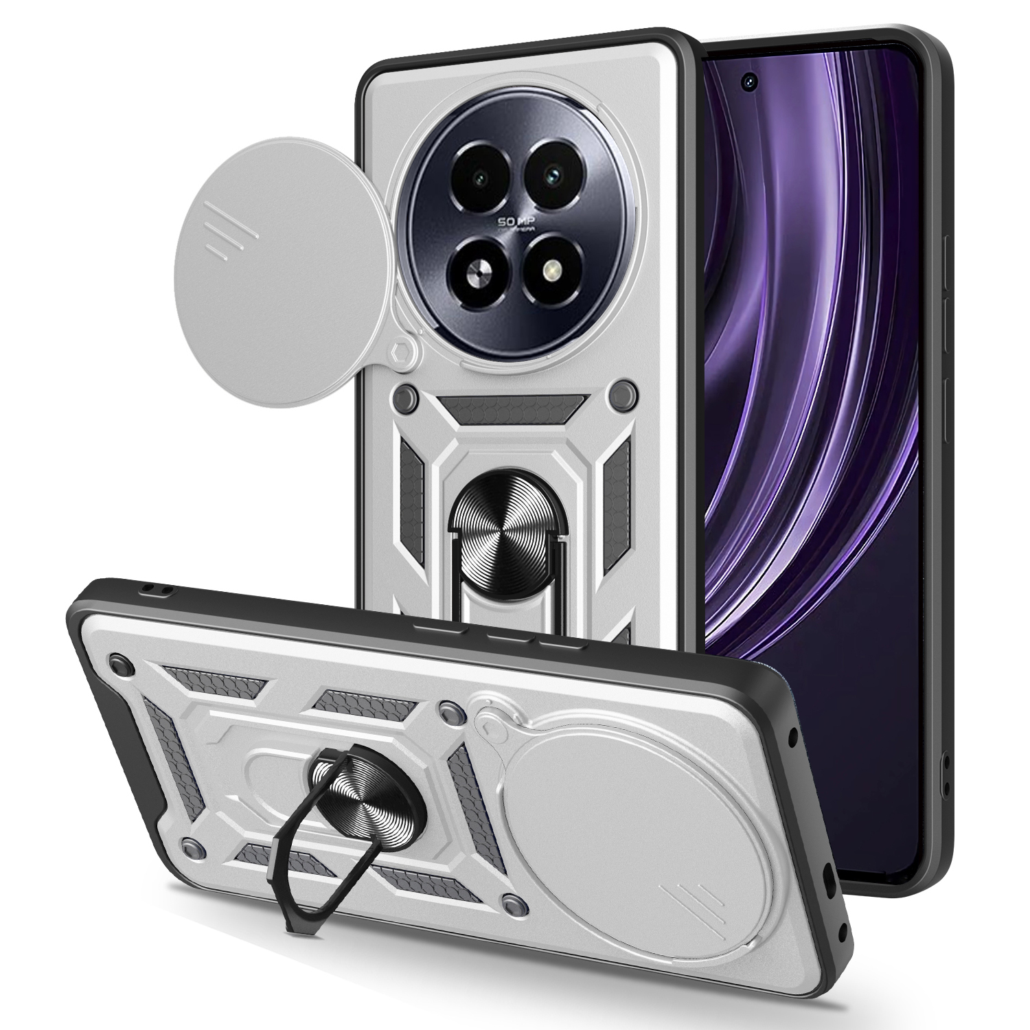 For Realme 13+ 5G Case with Slide Camera Lid PC + TPU Kickstand Phone Cover - Silver