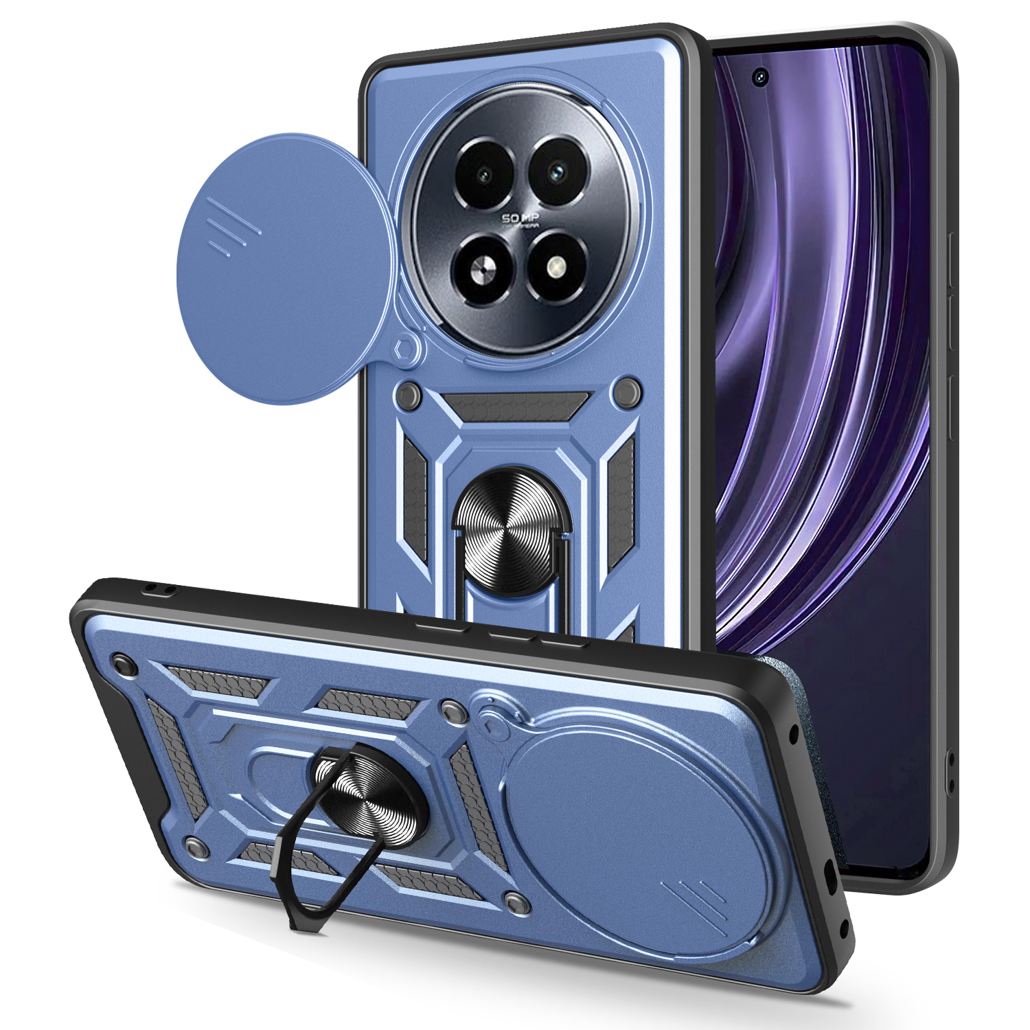 For Realme 13+ 5G Case with Slide Camera Lid PC + TPU Kickstand Phone Cover - Blue