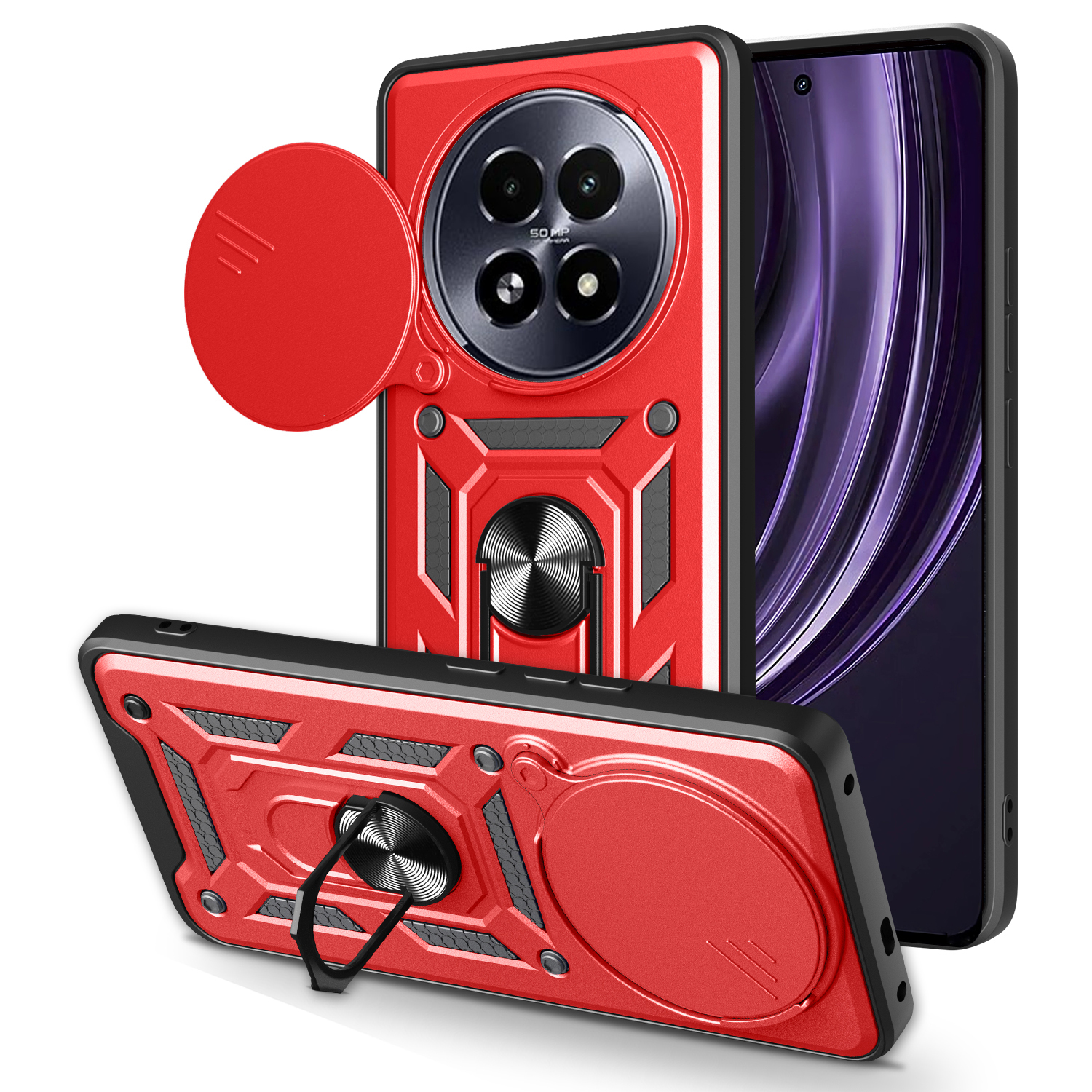 For Realme 13+ 5G Case with Slide Camera Lid PC + TPU Kickstand Phone Cover - Red