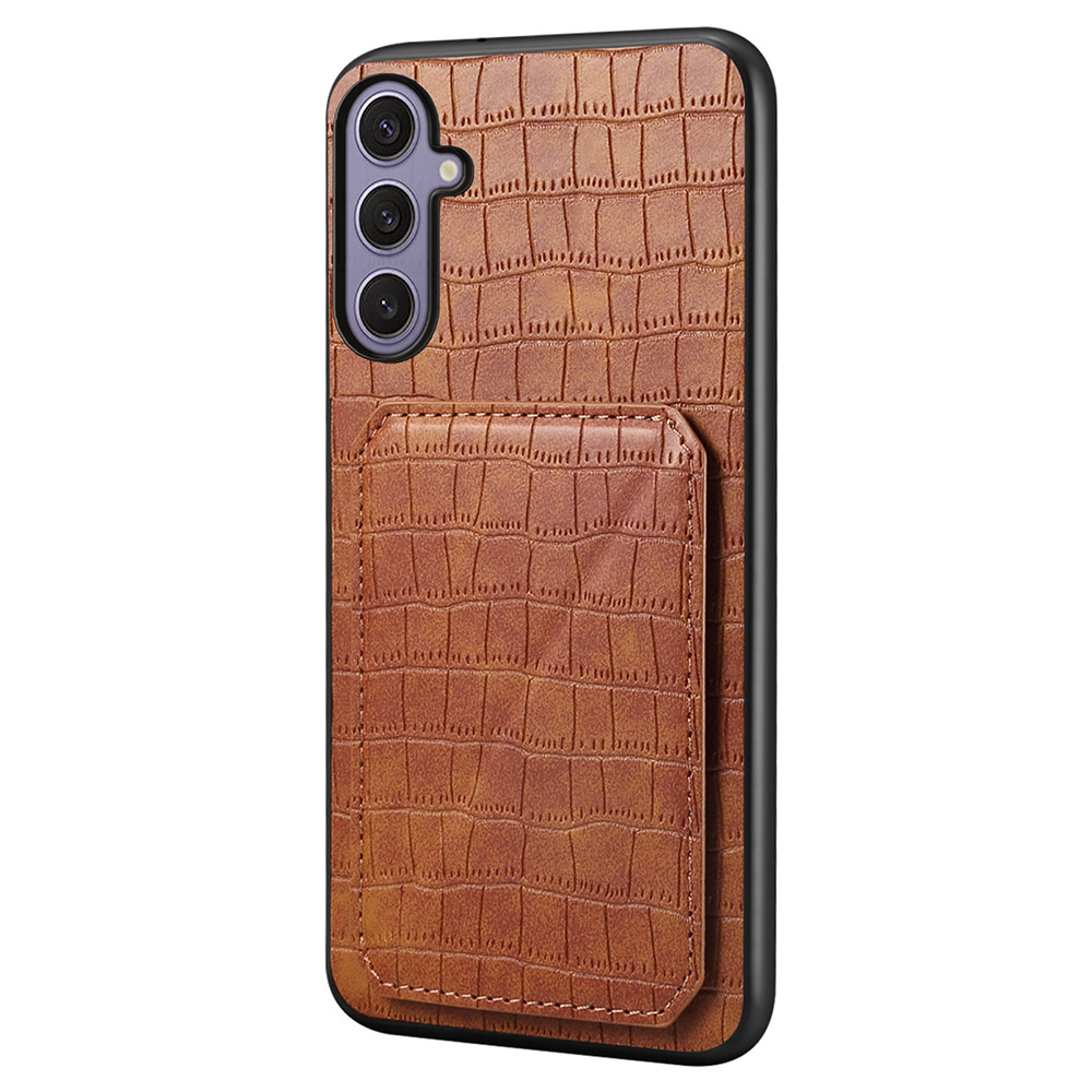 For Samsung Galaxy S25+ Case with Card Holder Leather + PC + TPU Crocodile Textured Back Cover - Brown
