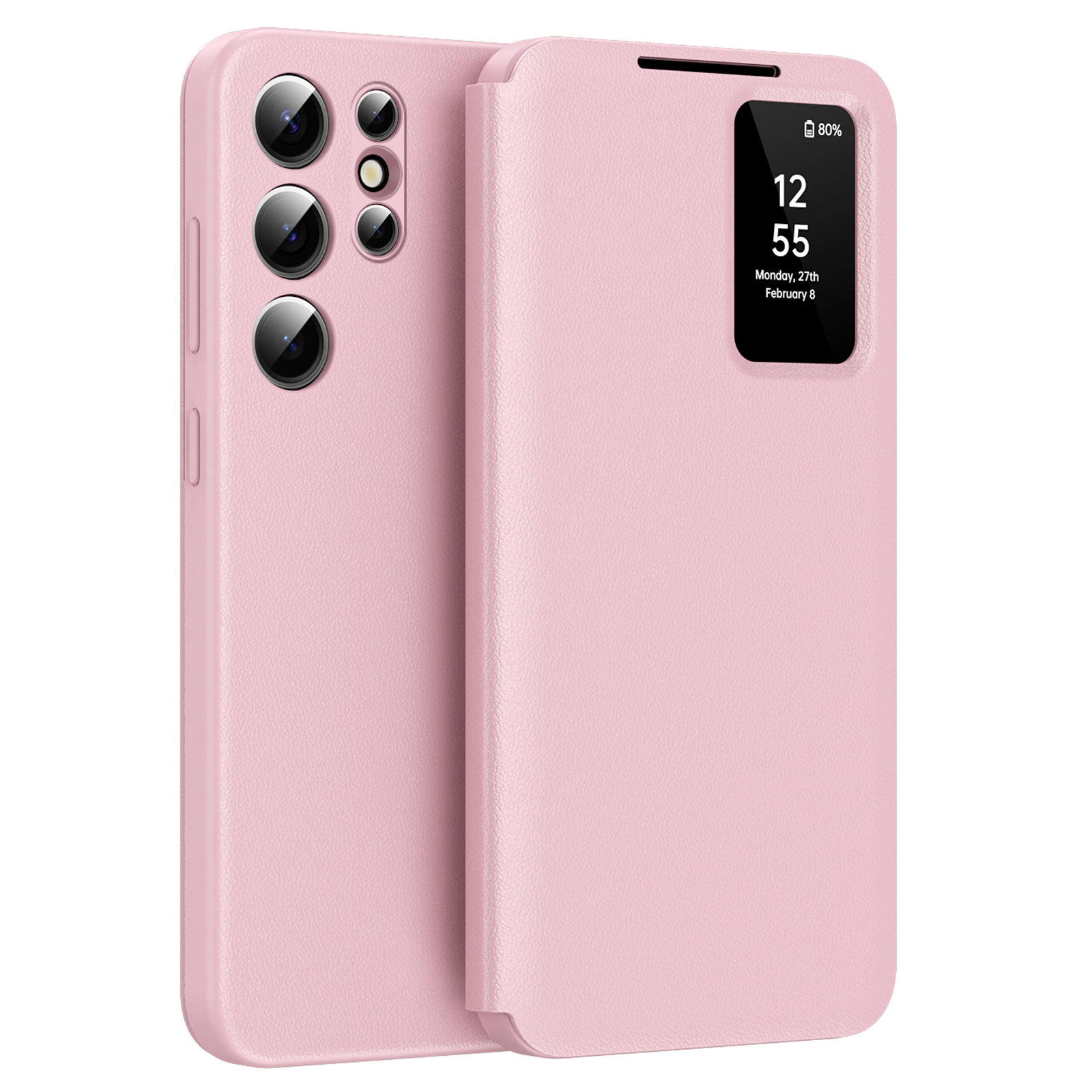 For Samsung Galaxy S25 Ultra Case with Card Holder Smart View Window PU Leather+PC+TPU Phone Cover - Pink