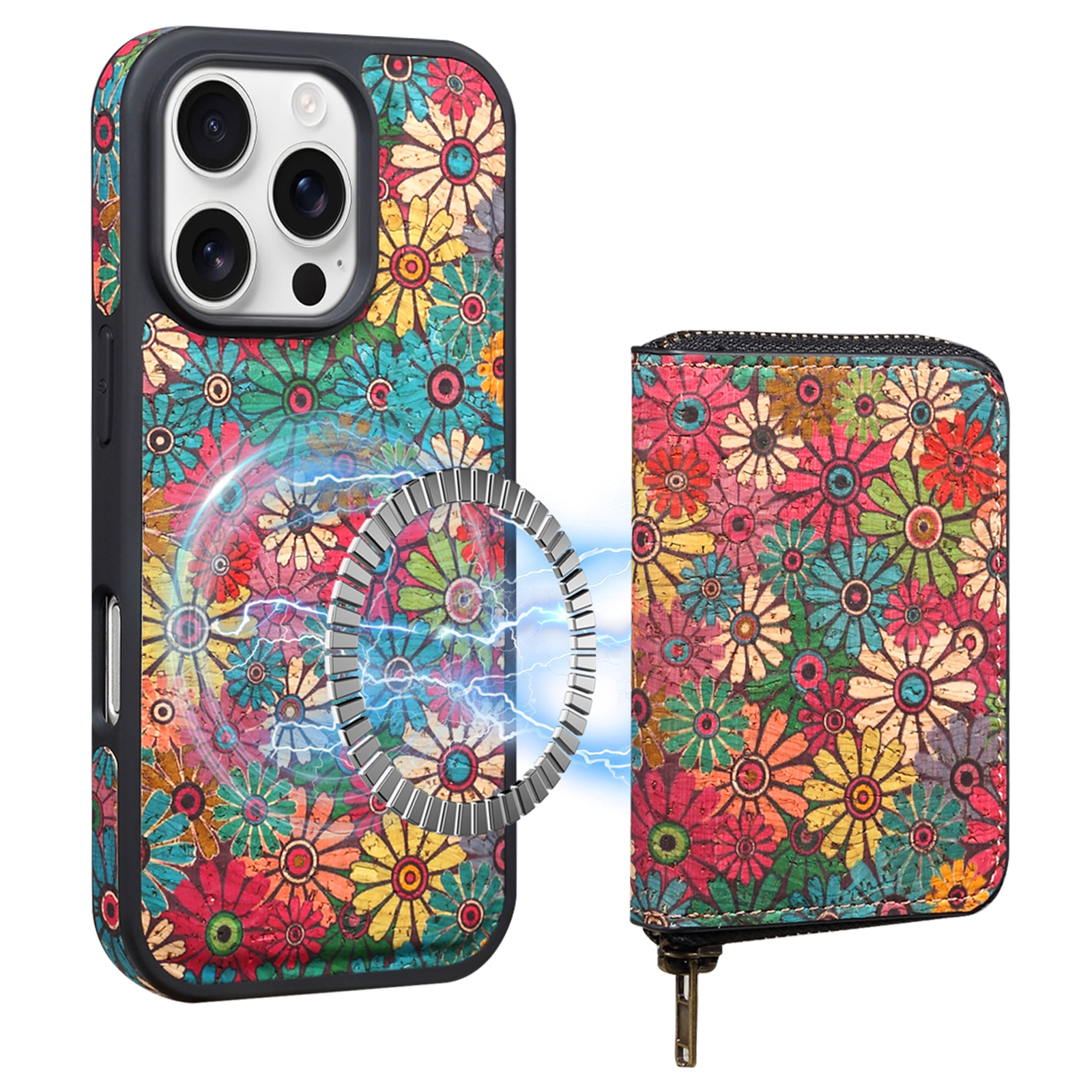 For iPhone 16 Pro Magnetic Case with Detachable Zipper Card Bag Flower Leather Back Cover - Green
