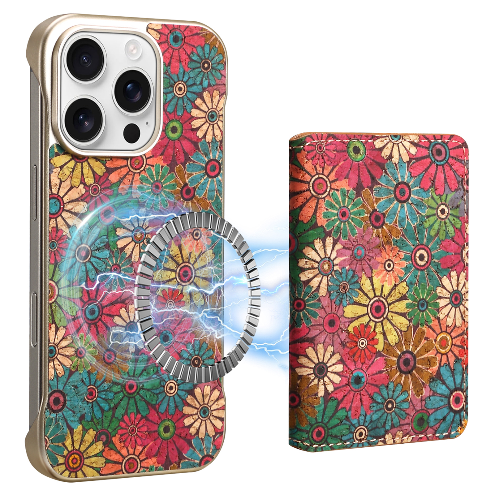 For iPhone 16 Pro Magnetic Case Compatible with MagSafe Pattern Print PU + PC Phone Cover with Card Holder - Daisy