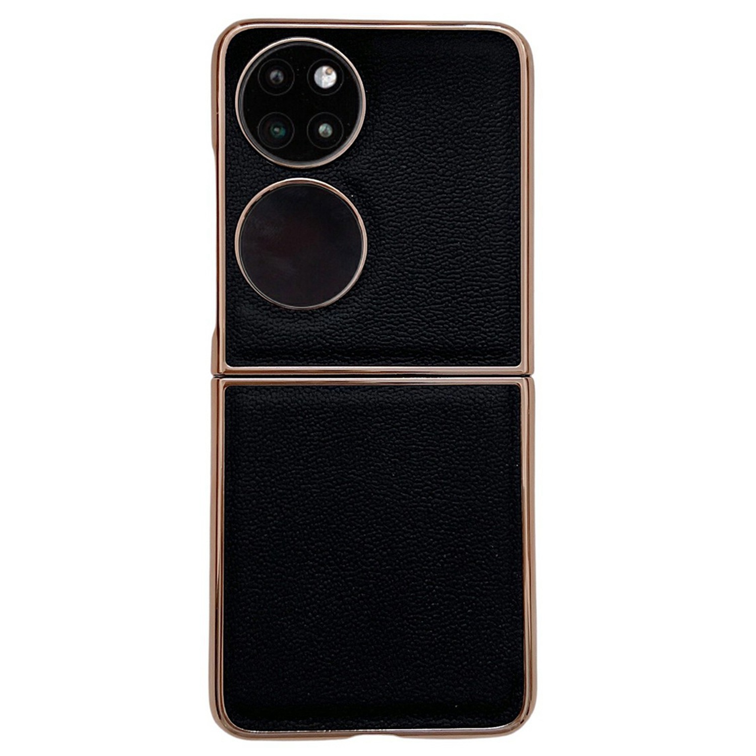 

Für Huawei P50 Pocket Echtes Lederbeschichtung Elektroplierrahmen Phone Hülle Hartpc Soft TPU Hybrid -abdeckung - Schwarz, Huawei P50 Pocket