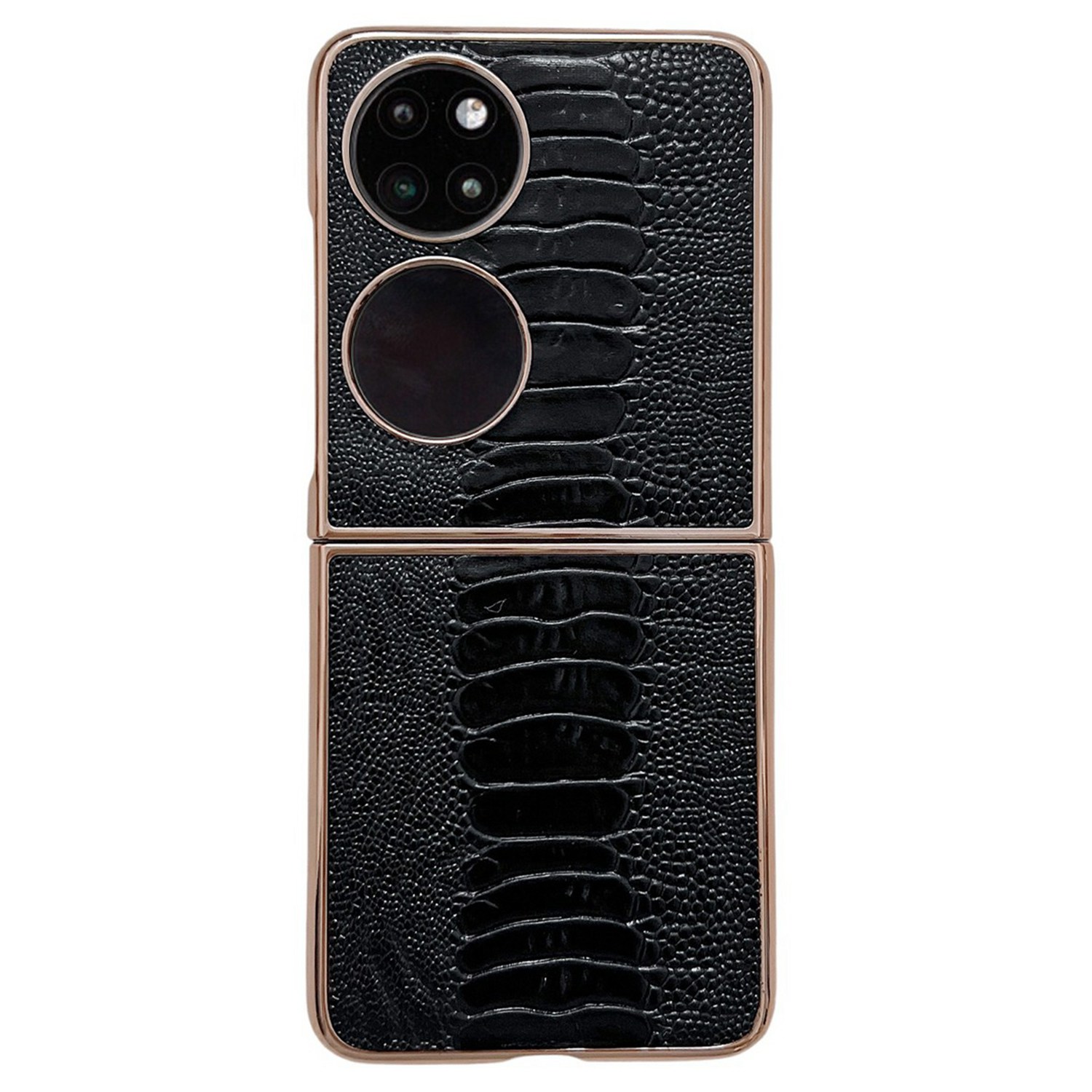 

Für Huawei P50 Pocket Electroplating Folding Phone Case Crocodile Textur Echtes Lederschicht TPU + PC Rückenabdeckung - Schwarz, Huawei P50 Pocket