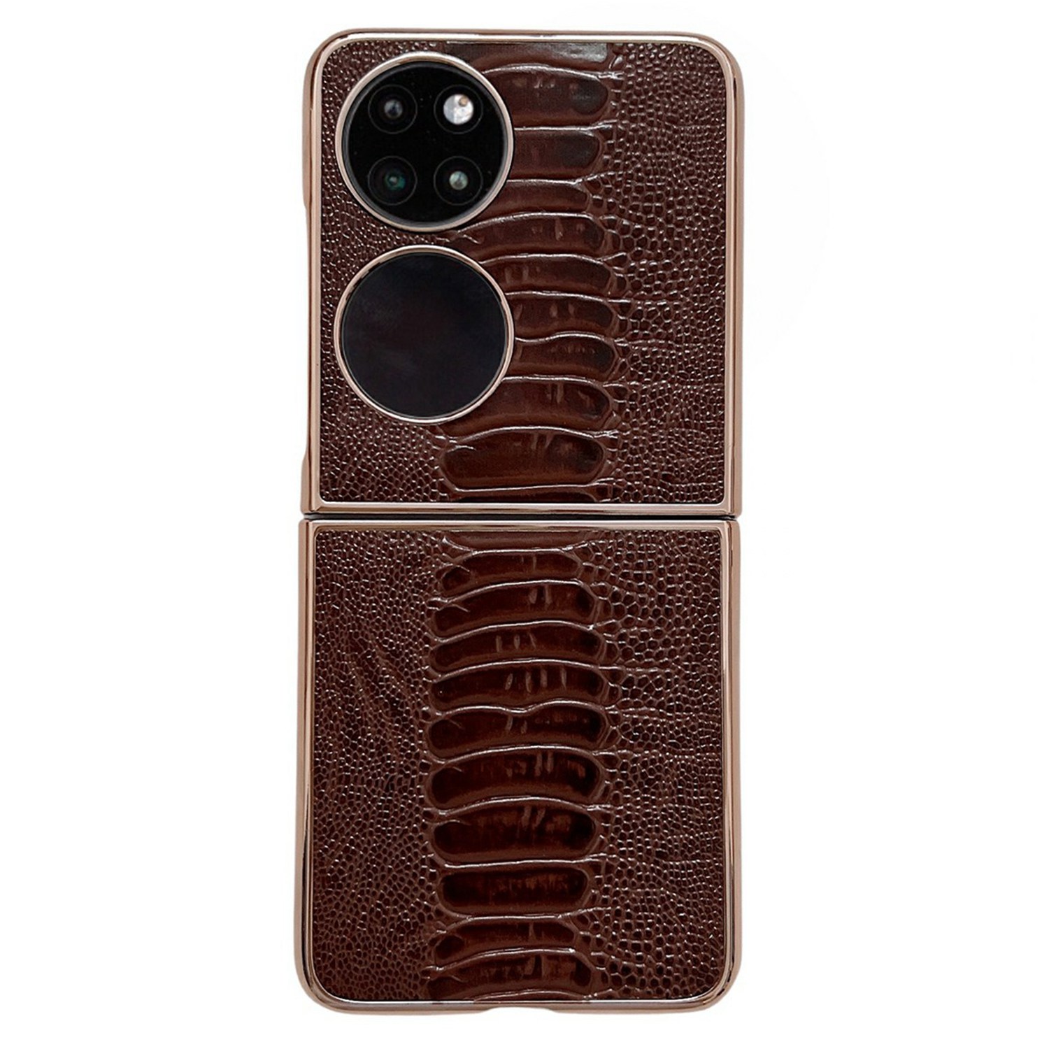 

Für Huawei P50 Pocket Electroplating Folding Phone Case Crocodile Textur Echtes Lederschicht TPU + PC Rückenabdeckung - Kaffee, Huawei P50 Pocket