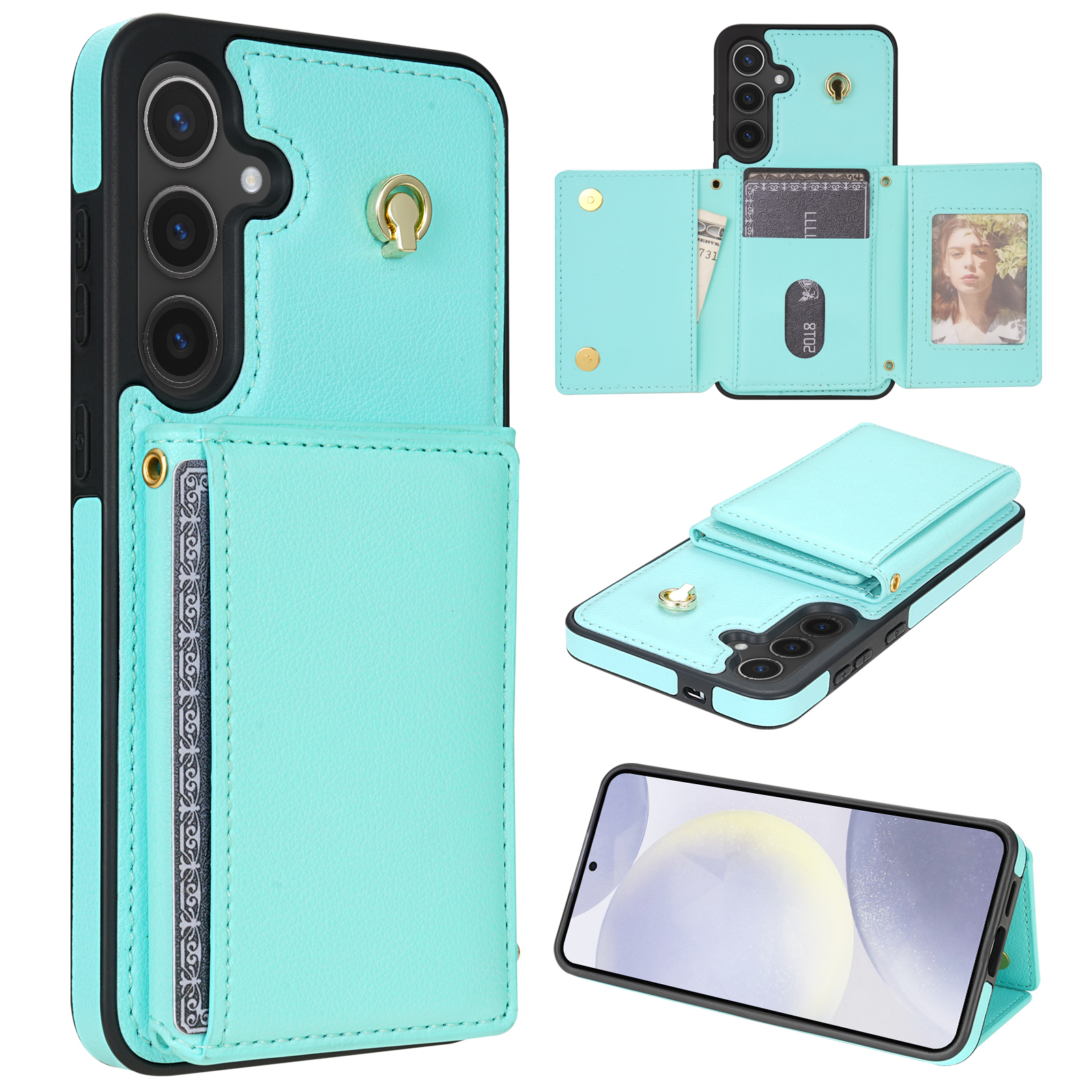 For Samsung Galaxy S25+ Case Tri-Fold Card Holder Kickstand TPU + Leather Back Cover with Shoulder Strap - Green