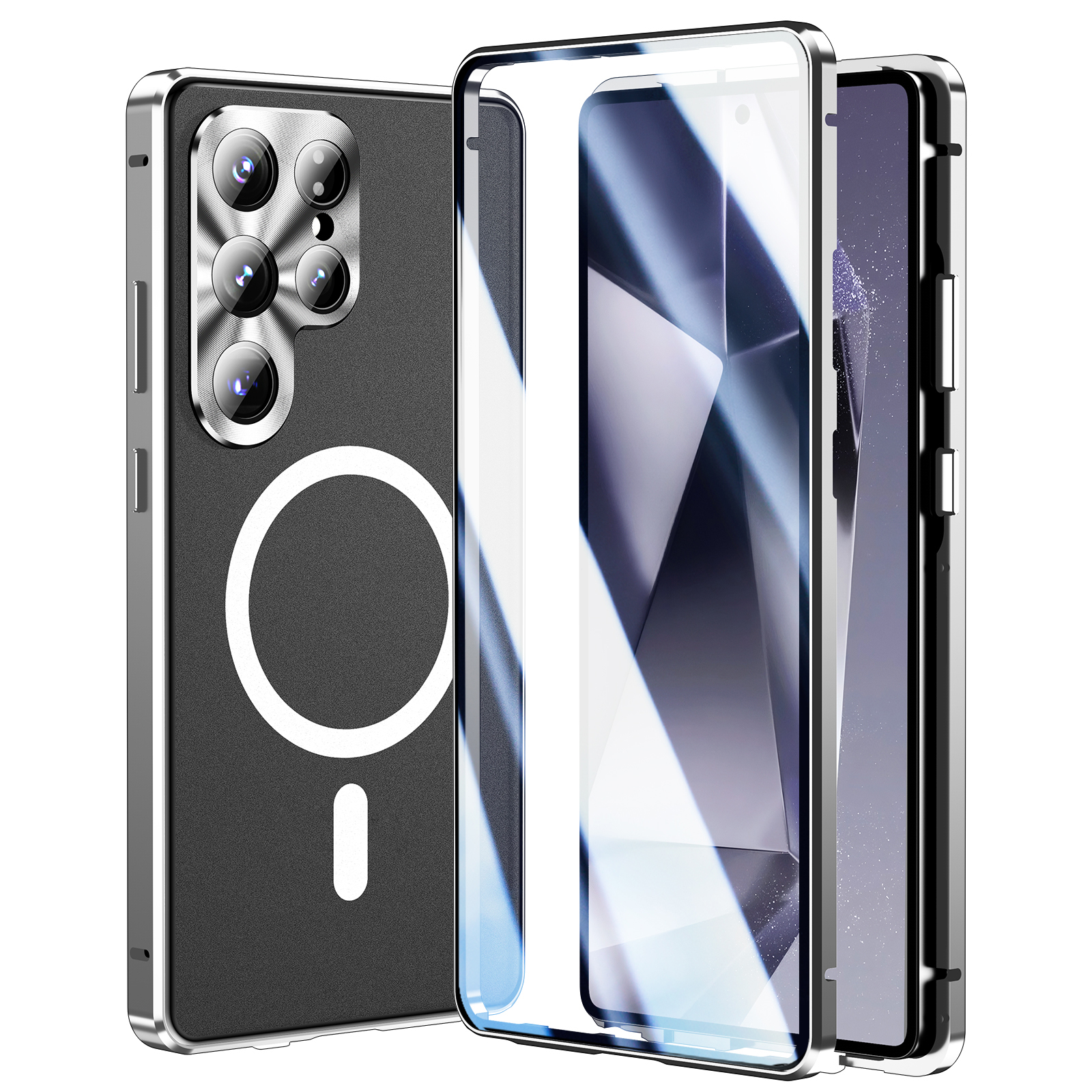 For Samsung Galaxy S25 Ultra Magnetic Case Tempered Glass + Matte PC Phone Cover with Metal Frame - Silver