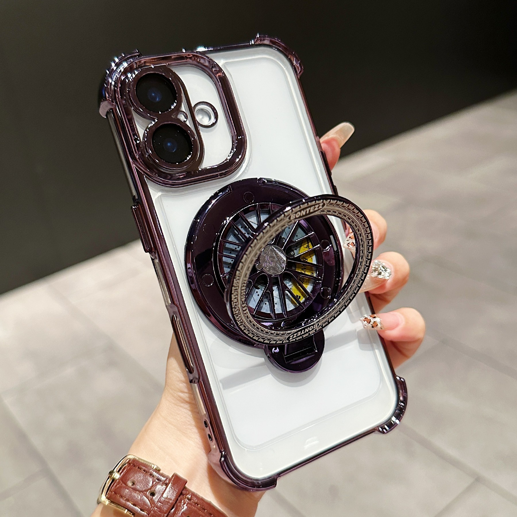 For iPhone 16 Magnetic Case Rotating Spinner Kickstand PC + TPU Airbag Mobile Cover - Dark Purple