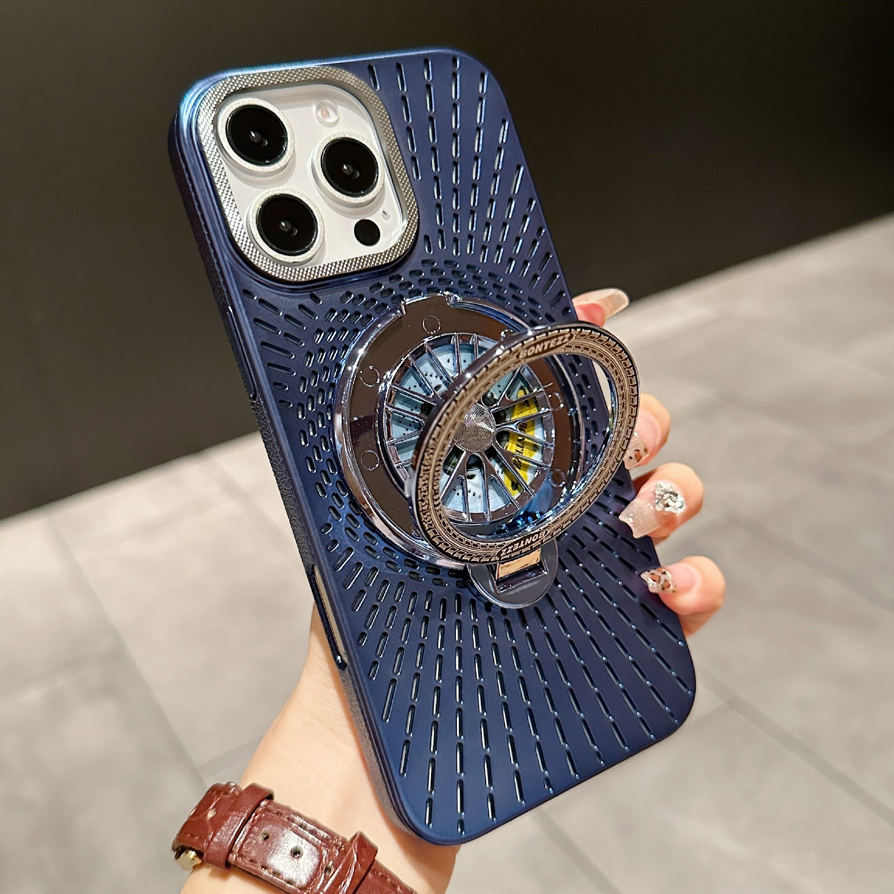 For iPhone 16 Pro Max Case Compatible with MagSafe Gyroscope Kickstand Heat Dissipation PC Back Cover - Navy Blue
