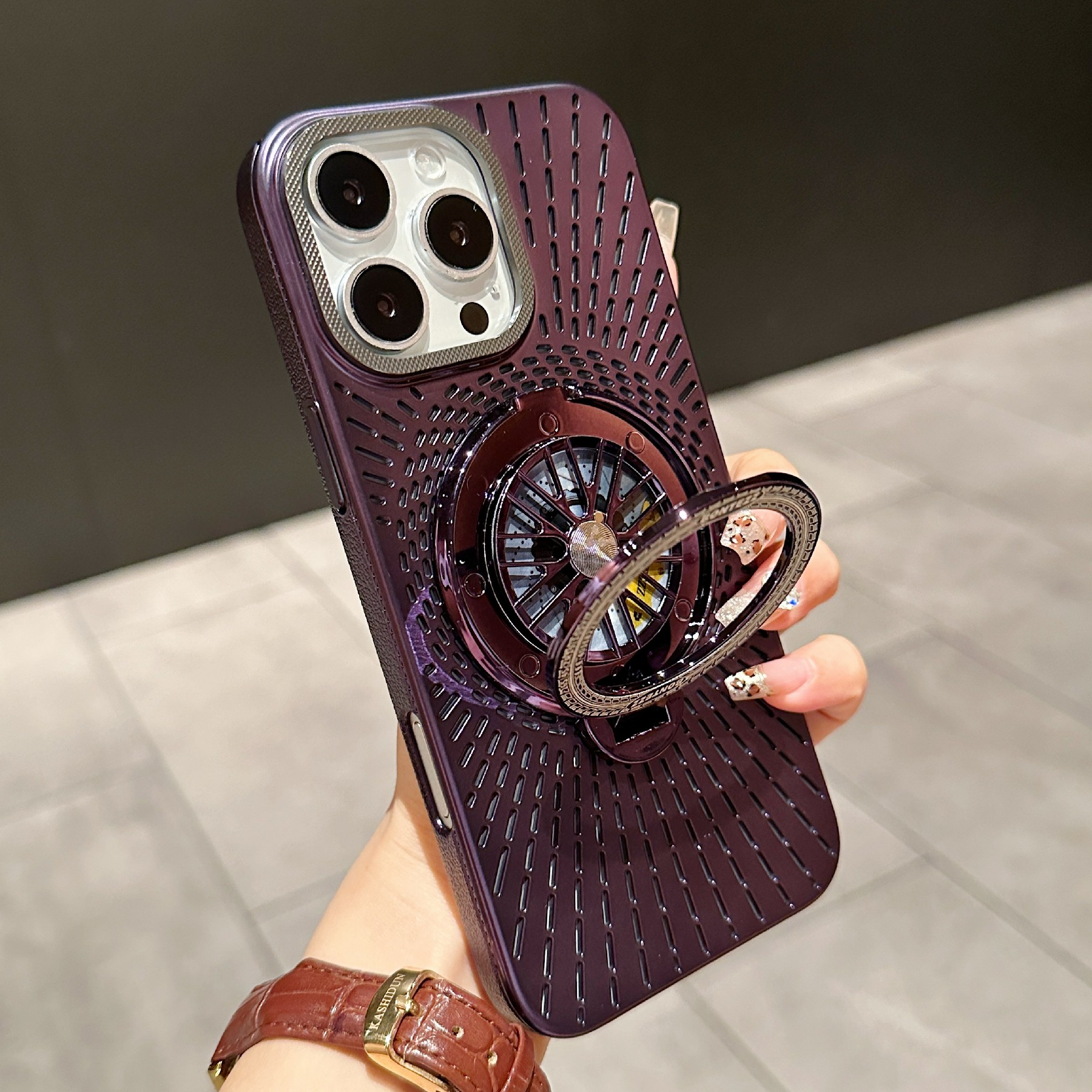For iPhone 16 Pro Case Compatible with MagSafe Gyroscope Kickstand Heat Dissipation PC Back Cover - Dark Purple