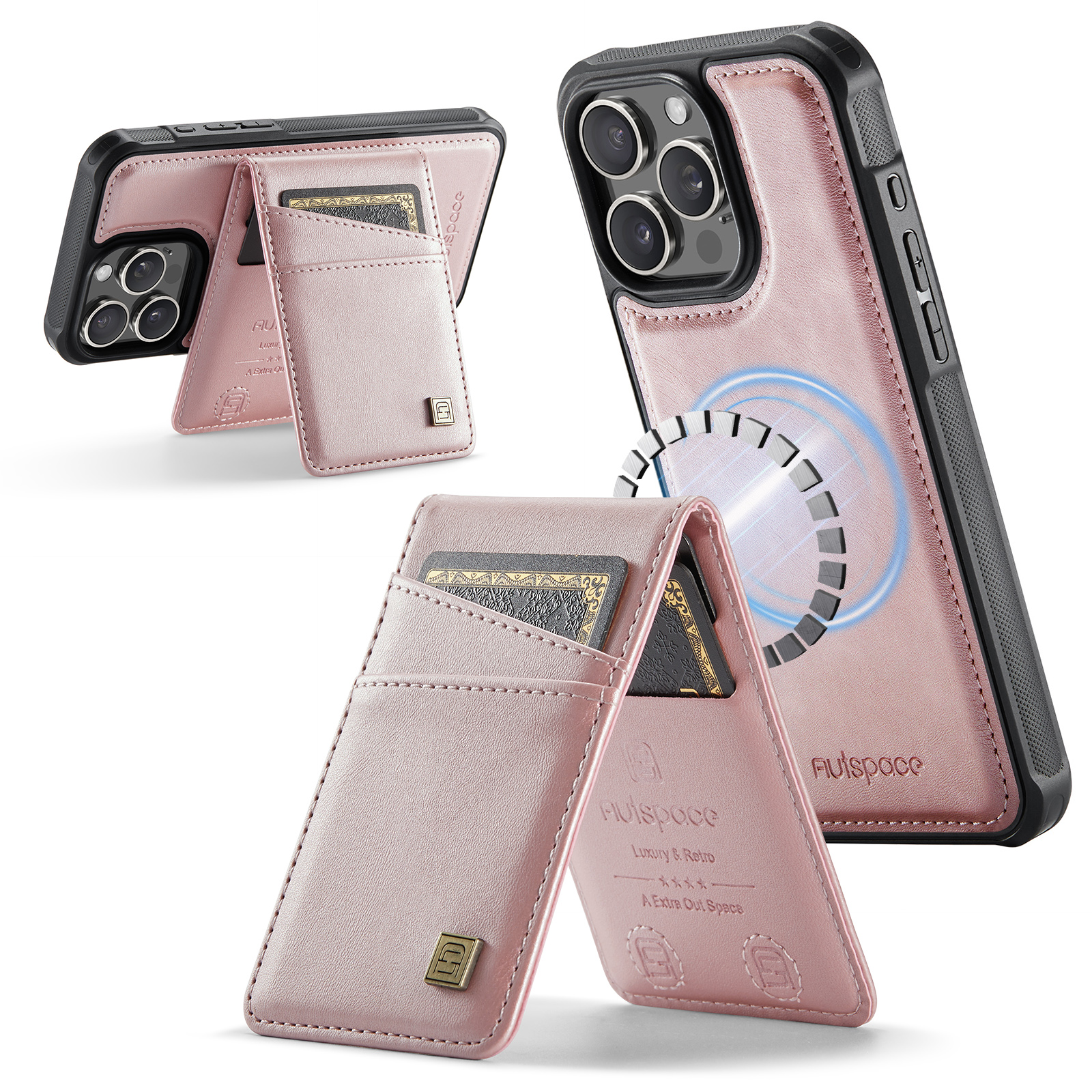 AUTSPACE For iPhone 16 Pro Max Case  A12 Leather Back Cover with Magnetic Detachable Card Bag Kickstand - Rose Gold