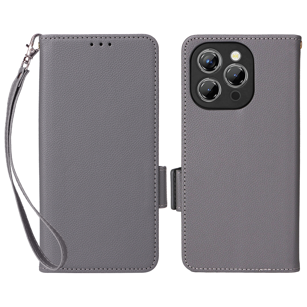 For Oukitel P1 Case with Wrist Strap Litchi Texture PU Leather Wallet Phone Cover - Grey