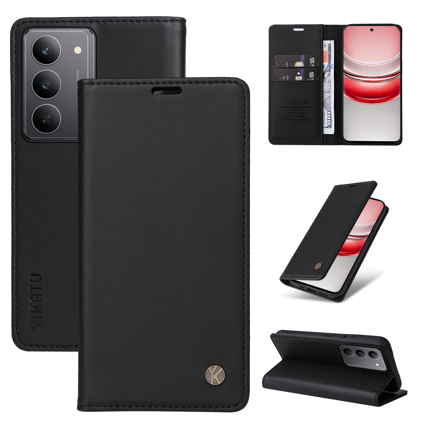 YIKATU For Realme C75 4G / C71 4G / V60 Pro 5G / 14x 5G Phone Cases Magnetic Closure PU Leather Mobile Cover - Black