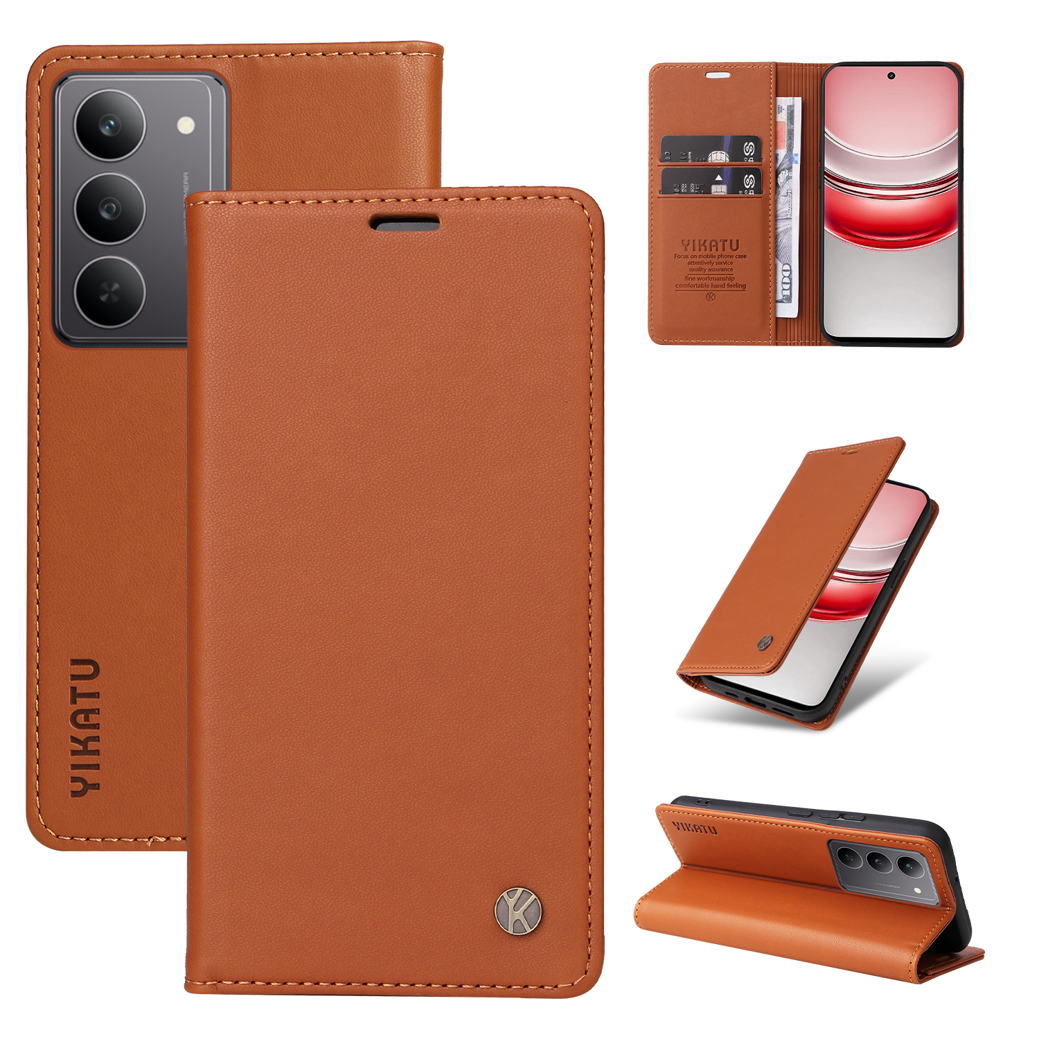 YIKATU For Realme C75 4G / C71 4G / V60 Pro 5G / 14x 5G Phone Cases Magnetic Closure PU Leather Mobile Cover - Brown