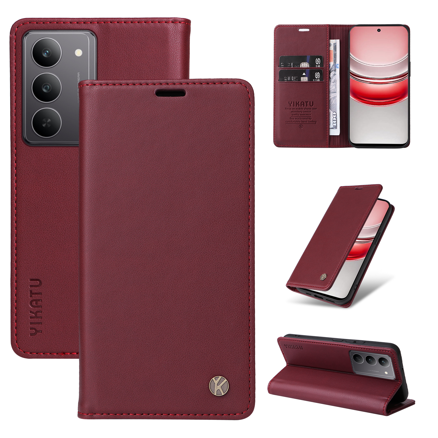 YIKATU For Realme C75 4G / C71 4G / V60 Pro 5G / 14x 5G Phone Cases Magnetic Closure PU Leather Mobile Cover - Wine Red