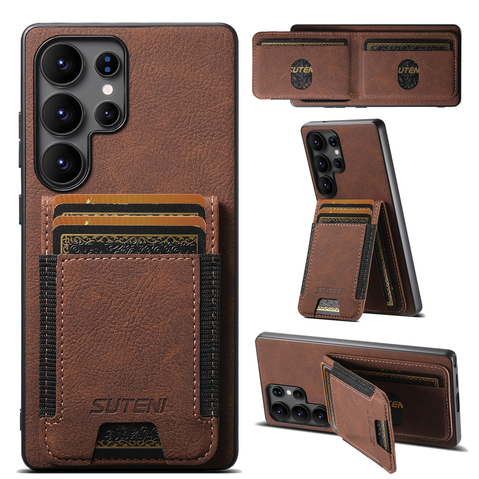 SUTENI H03 For Samsung Galaxy S25 Ultra Case Card Holder Kickstand Litchi Texture Leather + TPU Phone Cover - Brown