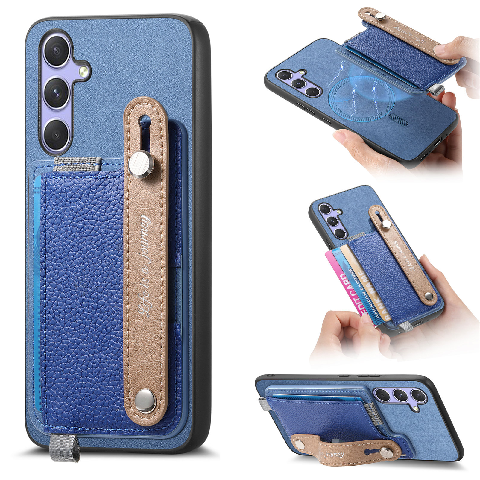 For Samsung Galaxy S25 / Galaxy S24 Magnetic Leather Back Case with Detachable Card Holder and Wristband - Blue
