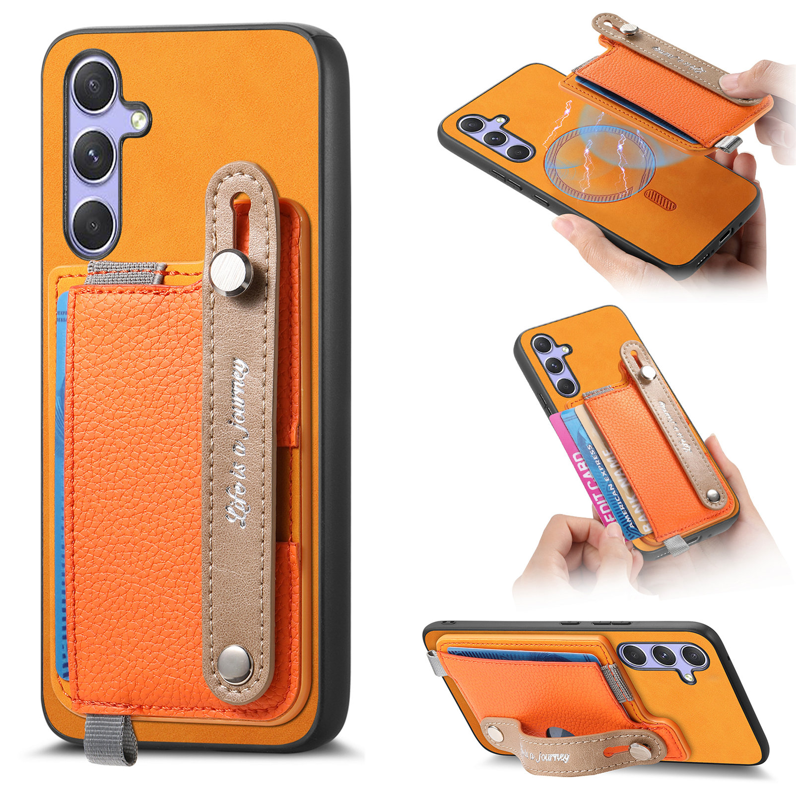 For Samsung Galaxy A36 5G Magnetic Leather Back Case with Detachable Card Holder and Wristband - Orange