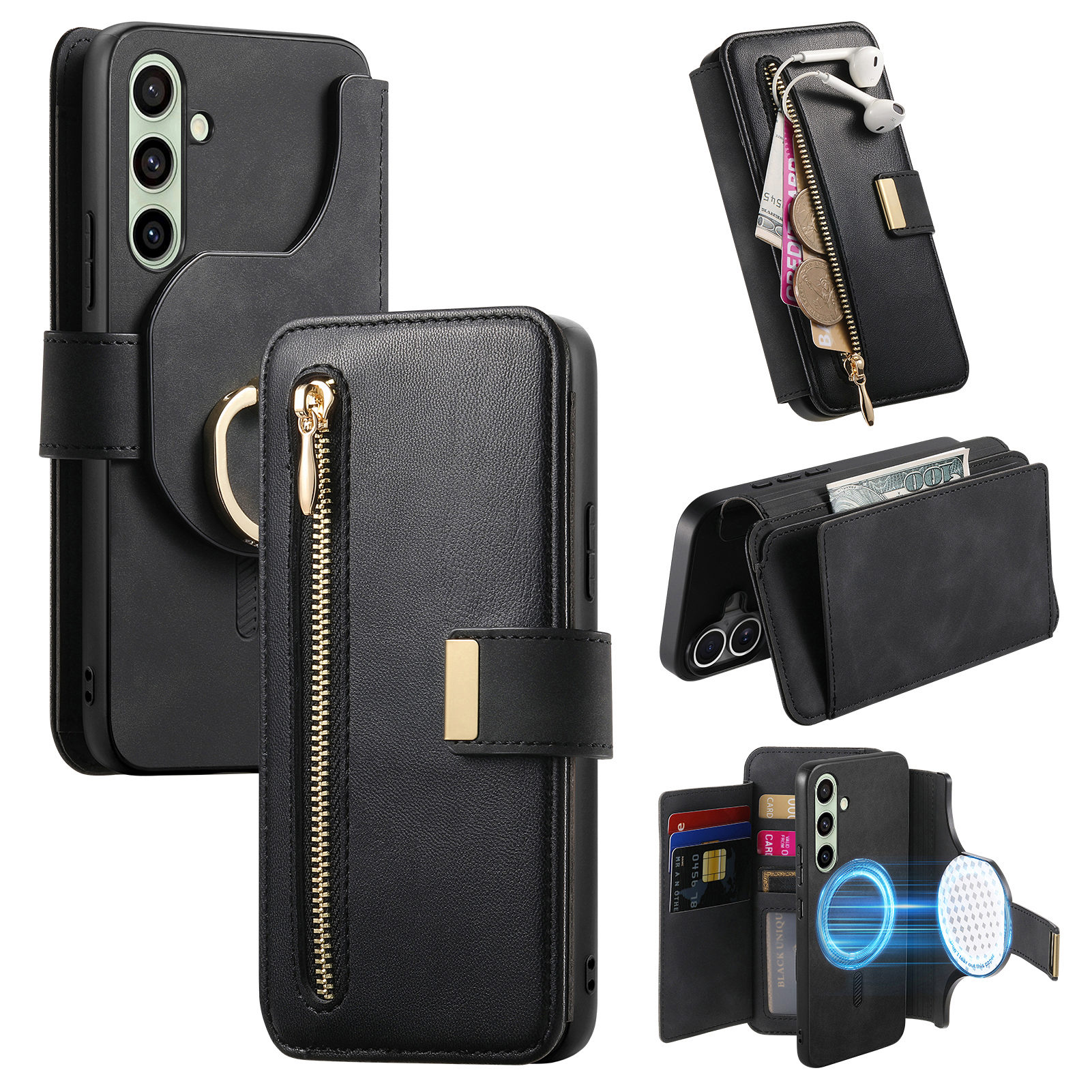 For Samsung Galaxy S24 FE Magnetic Leather Case with Detachable RFID Blocking Zipper Wallet Cover - Black