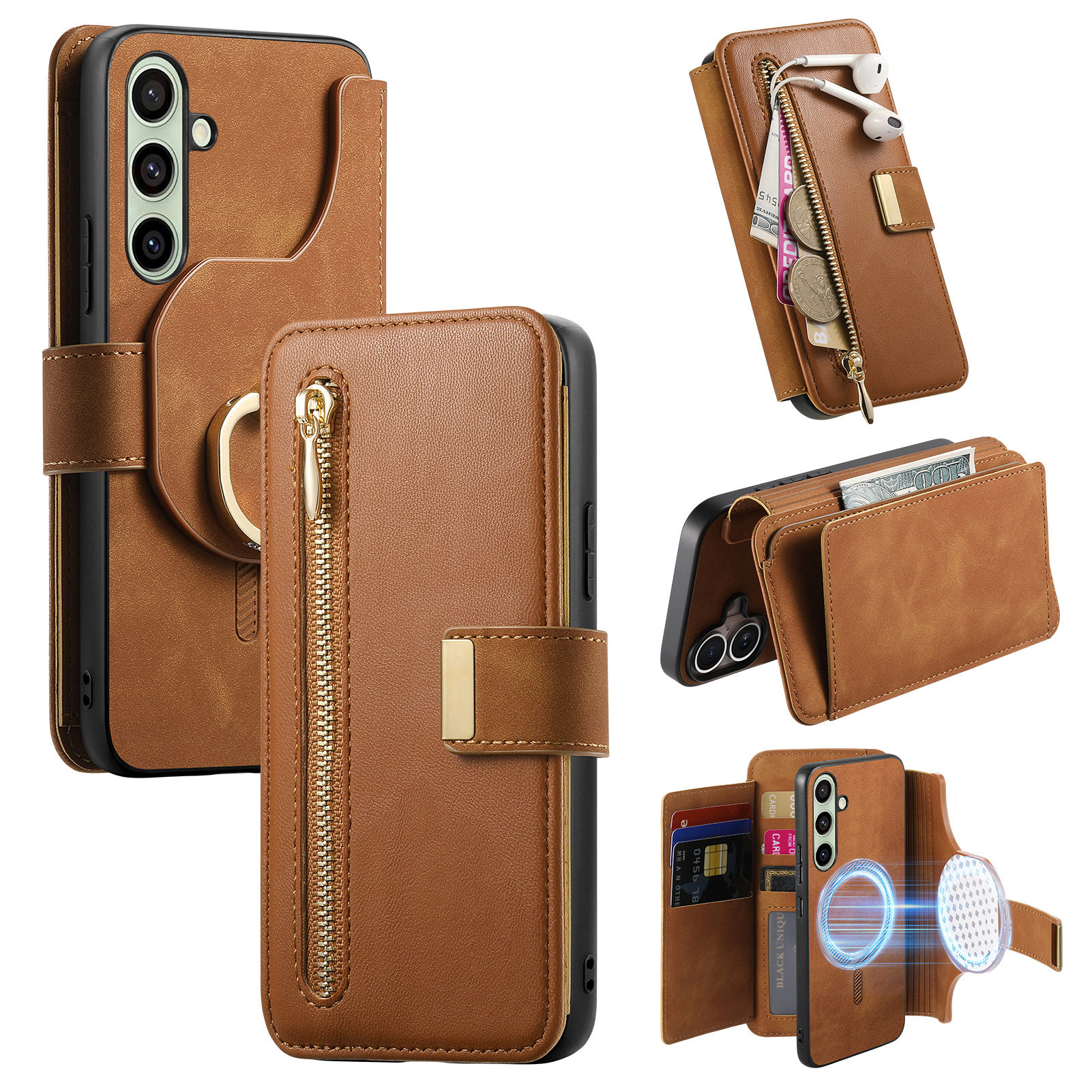 For Samsung Galaxy A54 5G Magnetic Leather Case with Detachable RFID Blocking Zipper Wallet Cover - Brown
