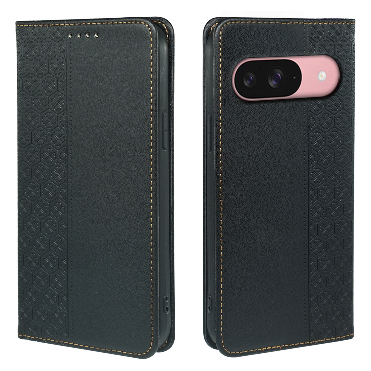 For Google Pixel 9 / Pixel 9 Pro Case Four Leaf Clover Leather Flip Phone Cover Stand Wallet - Black