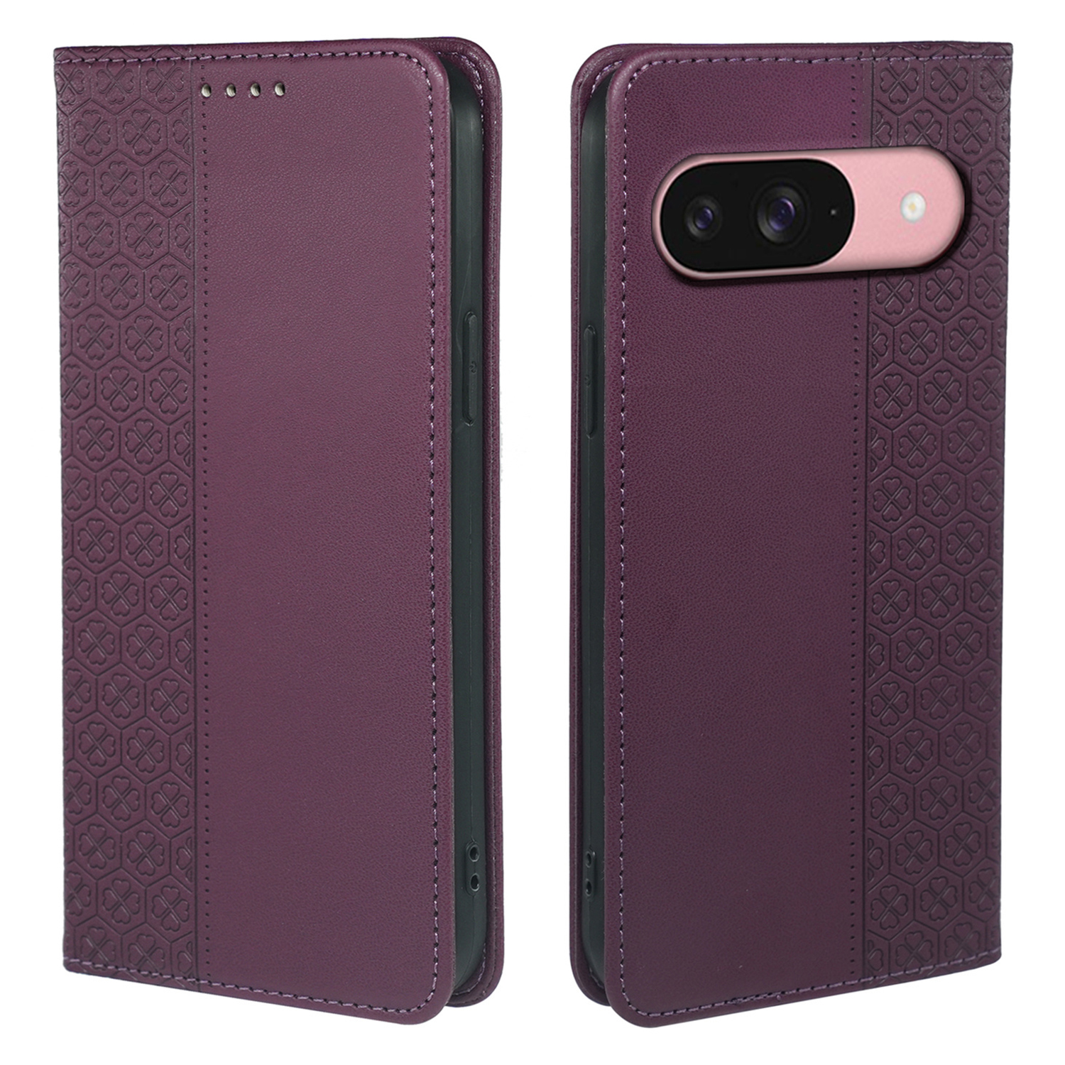 For Google Pixel 9 / Pixel 9 Pro Case Four Leaf Clover Leather Flip Phone Cover Stand Wallet - Dark Purple