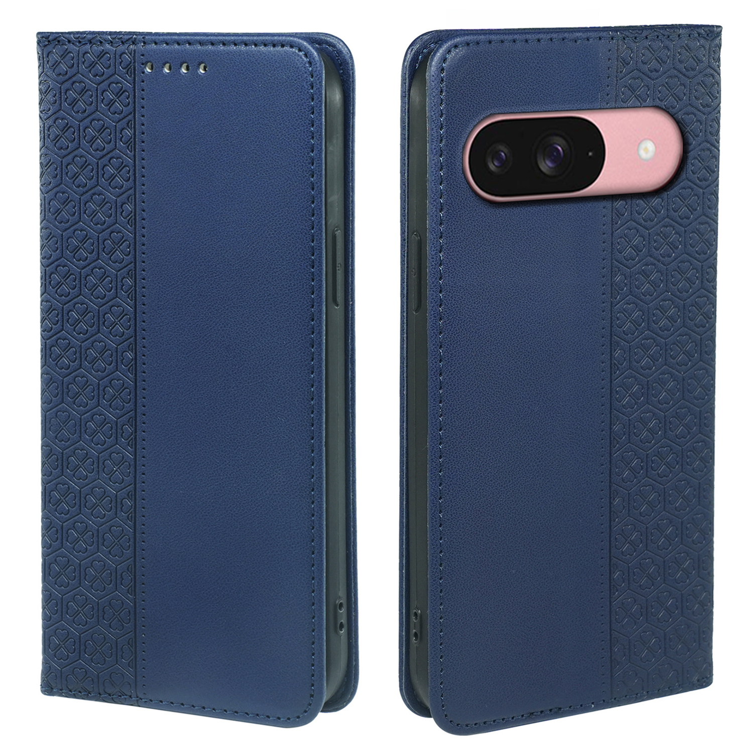 For Google Pixel 9 / Pixel 9 Pro Case Four Leaf Clover Leather Flip Phone Cover Stand Wallet - Blue