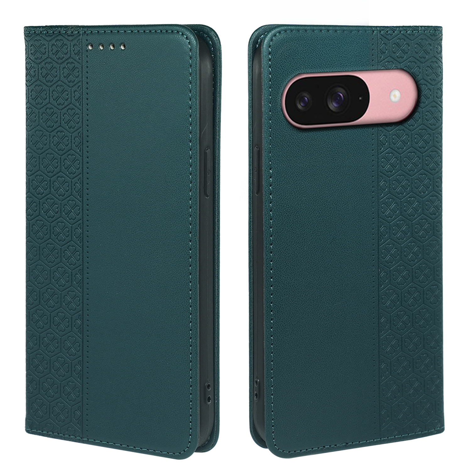 For Google Pixel 9 / Pixel 9 Pro Case Four Leaf Clover Leather Flip Phone Cover Stand Wallet - Green