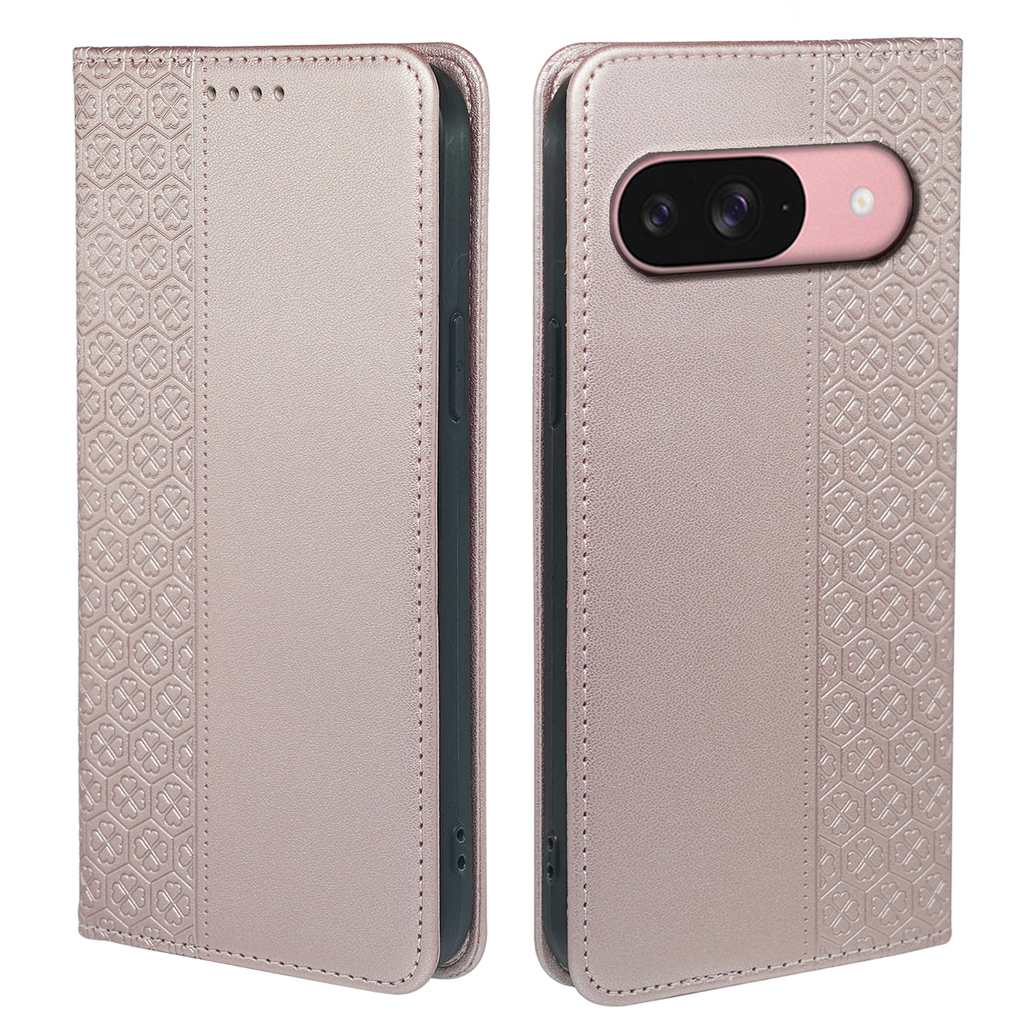 For Google Pixel 9 / Pixel 9 Pro Case Four Leaf Clover Leather Flip Phone Cover Stand Wallet - Rose Gold