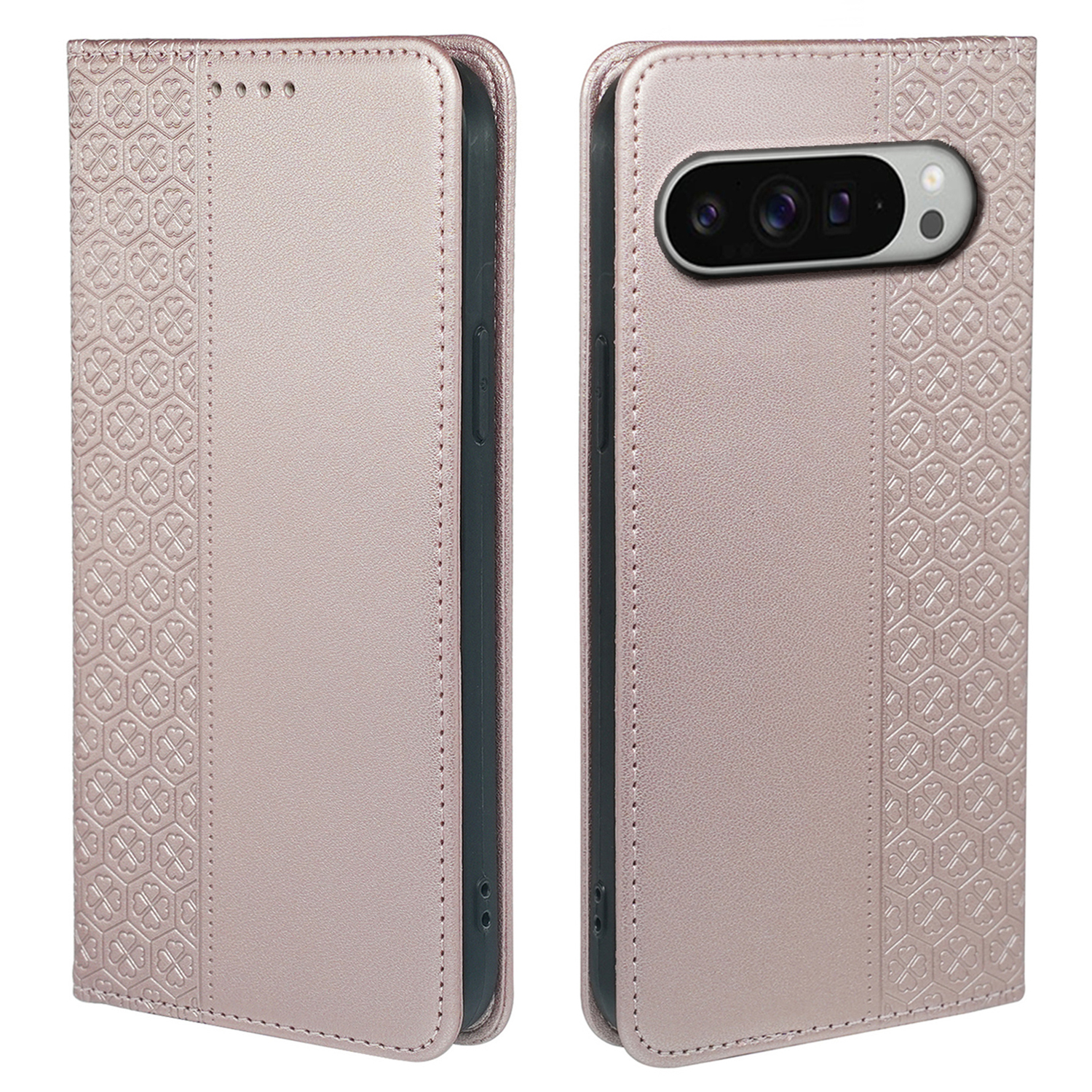 For Google Pixel 9 Pro XL Case Four Leaf Clover Leather Flip Phone Cover Stand Wallet - Rose Gold