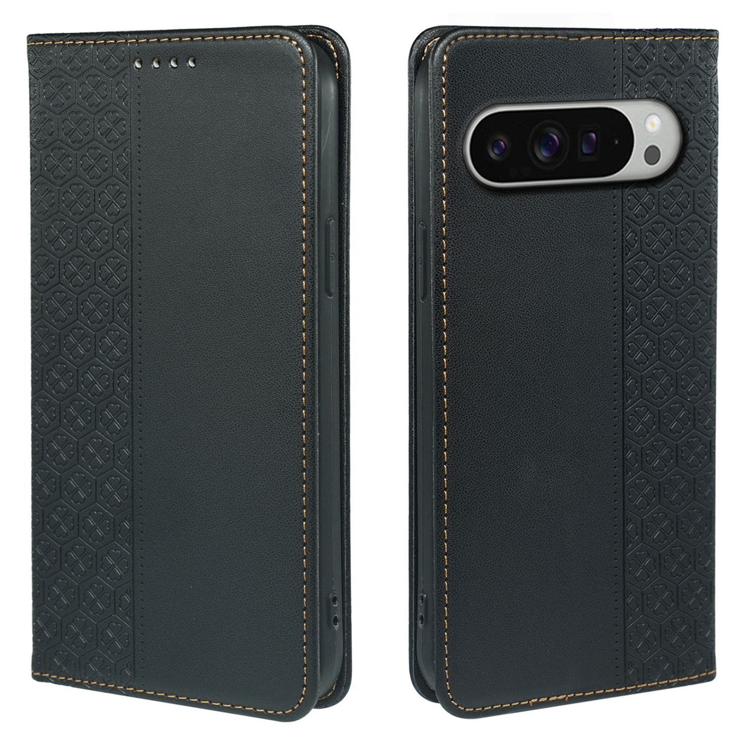 For Google Pixel 9 Pro XL Case Four Leaf Clover Leather Flip Phone Cover Stand Wallet - Black