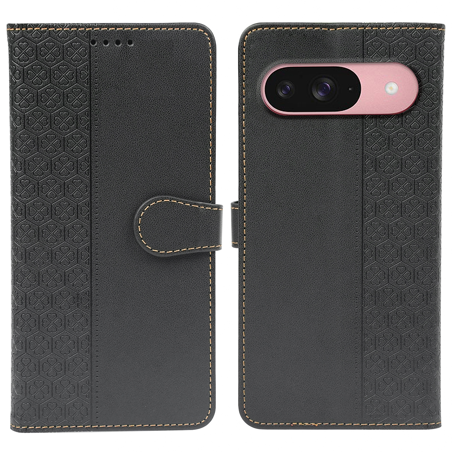 For Google Pixel 9 / Pixel 9 Pro Case Magnetic Clasp Four Leaf Clover Leather Phone Cover - Black