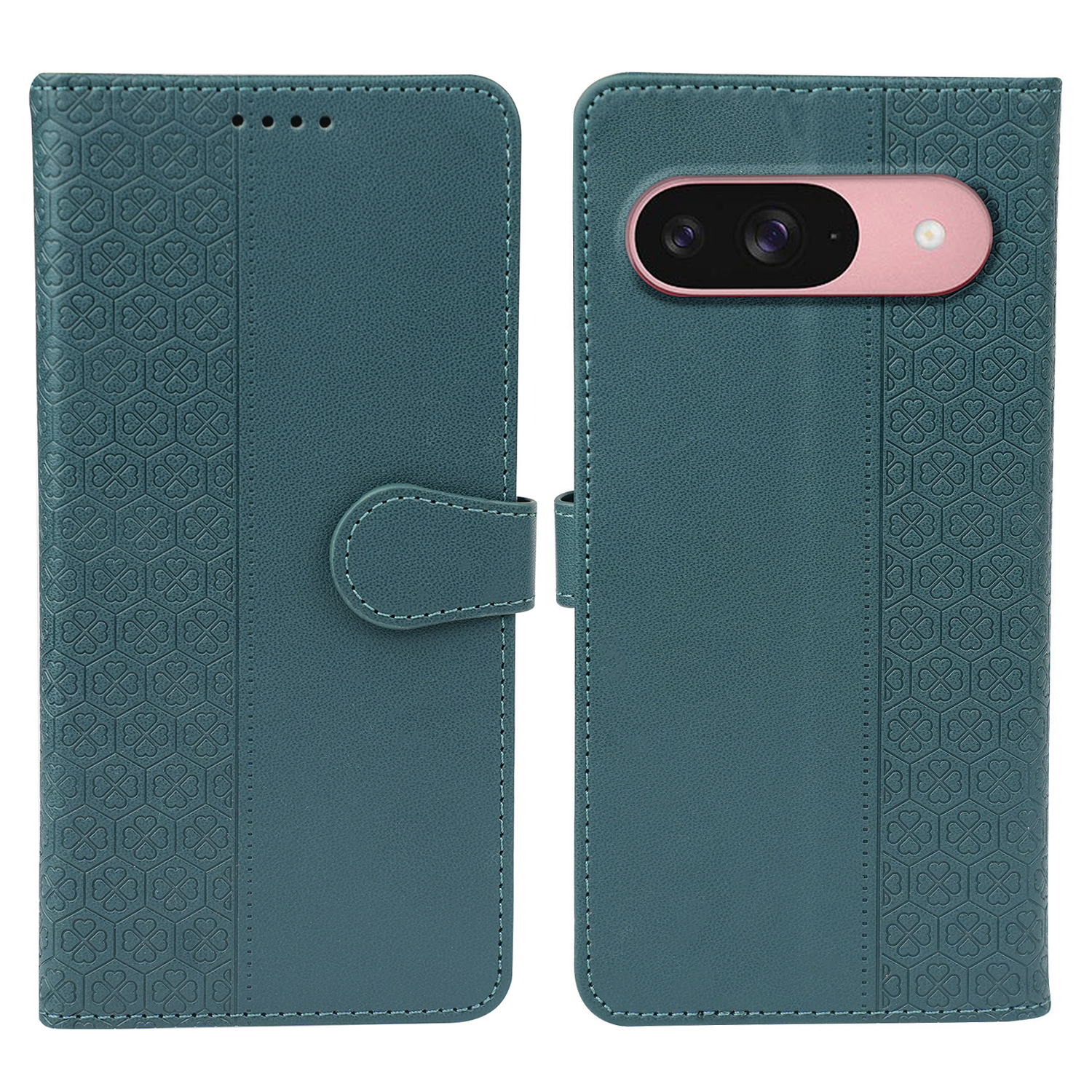For Google Pixel 9 / Pixel 9 Pro Case Magnetic Clasp Four Leaf Clover Leather Phone Cover - Green