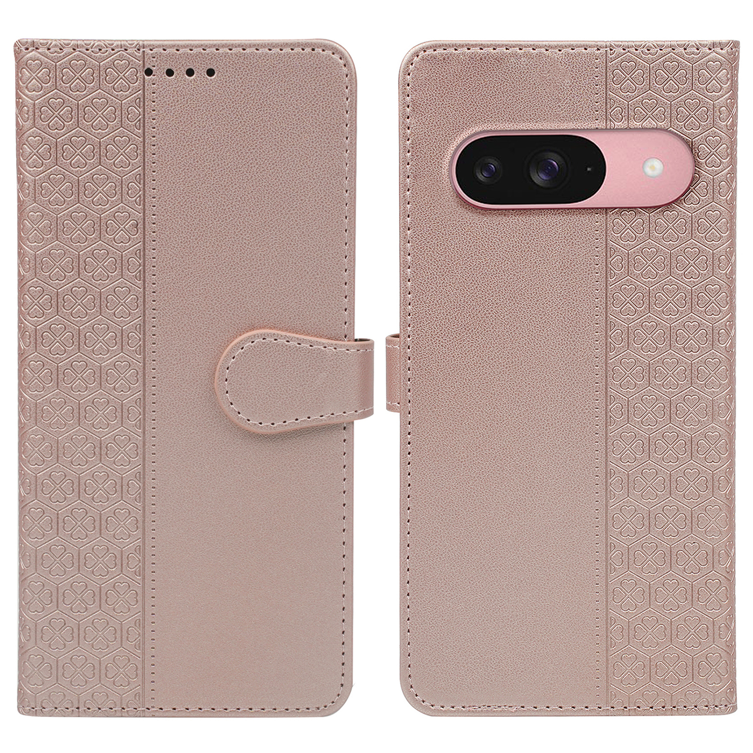 For Google Pixel 9 / Pixel 9 Pro Case Magnetic Clasp Four Leaf Clover Leather Phone Cover - Rose Gold