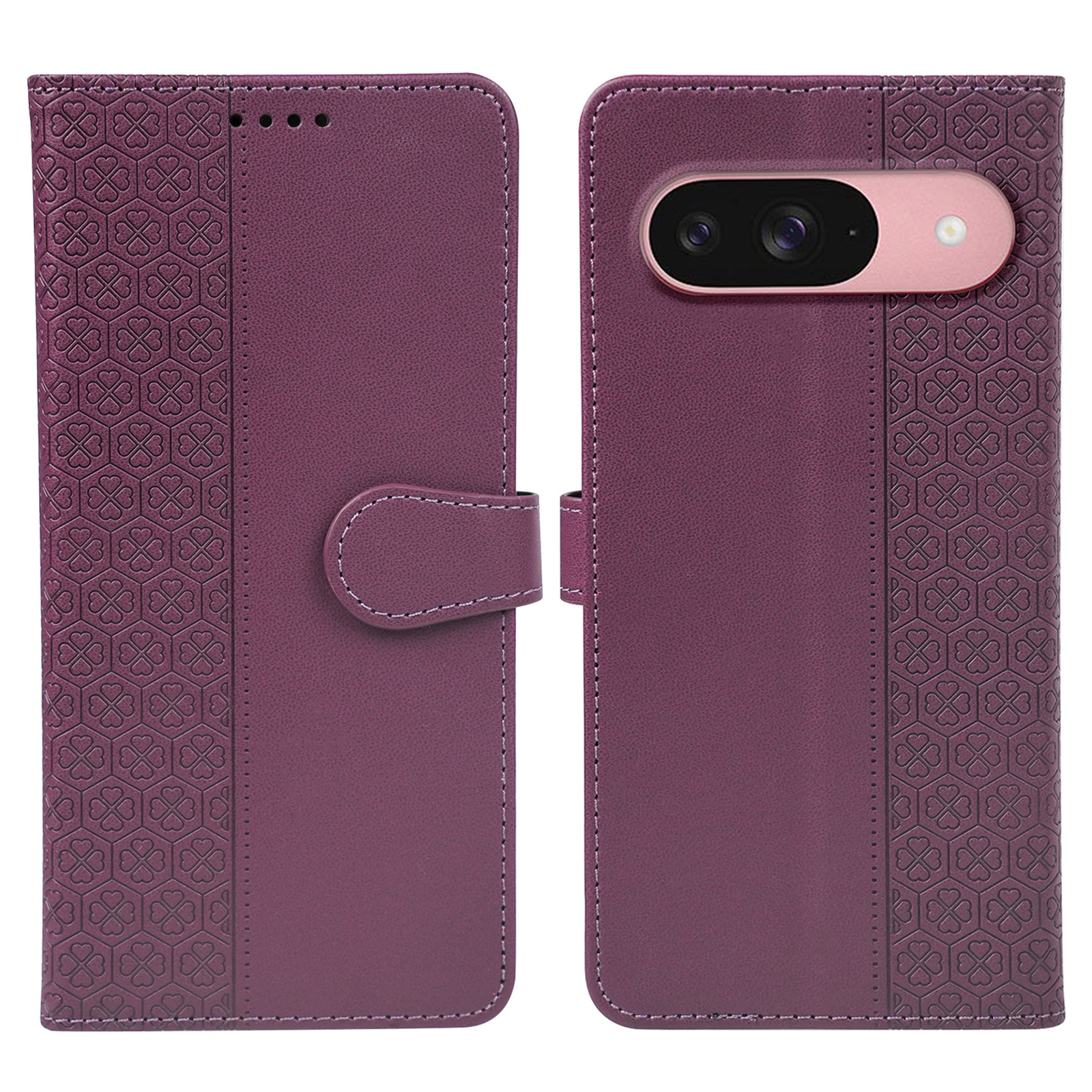 For Google Pixel 9 / Pixel 9 Pro Case Magnetic Clasp Four Leaf Clover Leather Phone Cover - Dark Purple