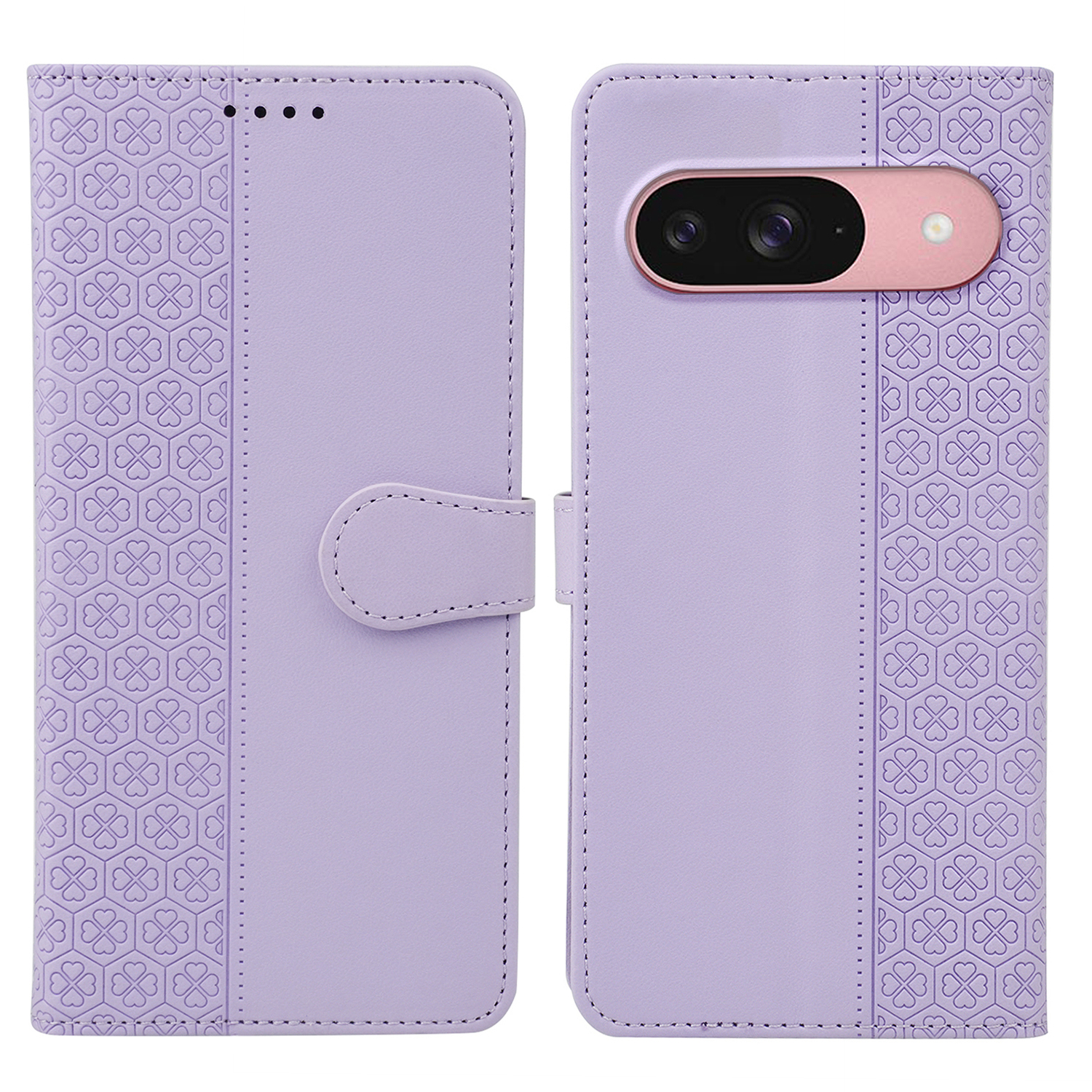 For Google Pixel 9 / Pixel 9 Pro Case Magnetic Clasp Four Leaf Clover Leather Phone Cover - Light Purple