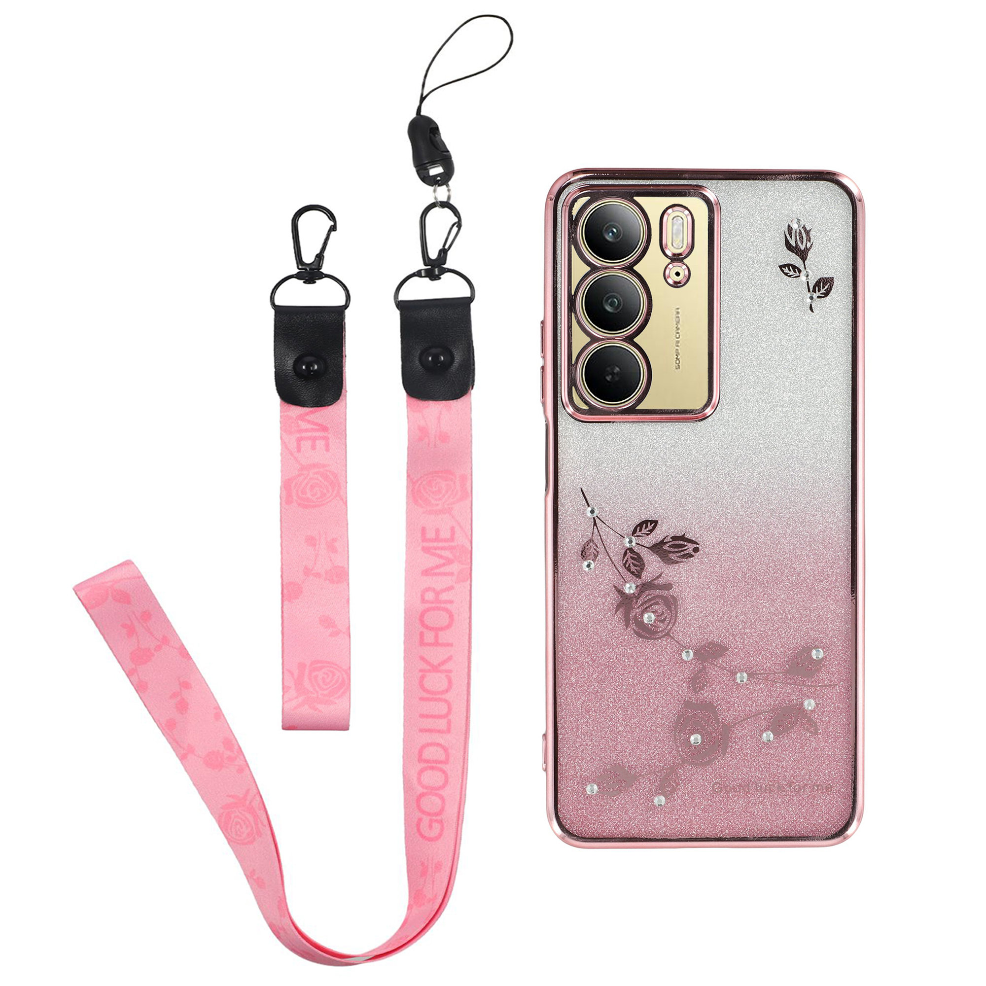KADEM For Realme C75 4G Case Flower Pattern TPU Gradient Phone Cover with Lanyards - Rose Gold