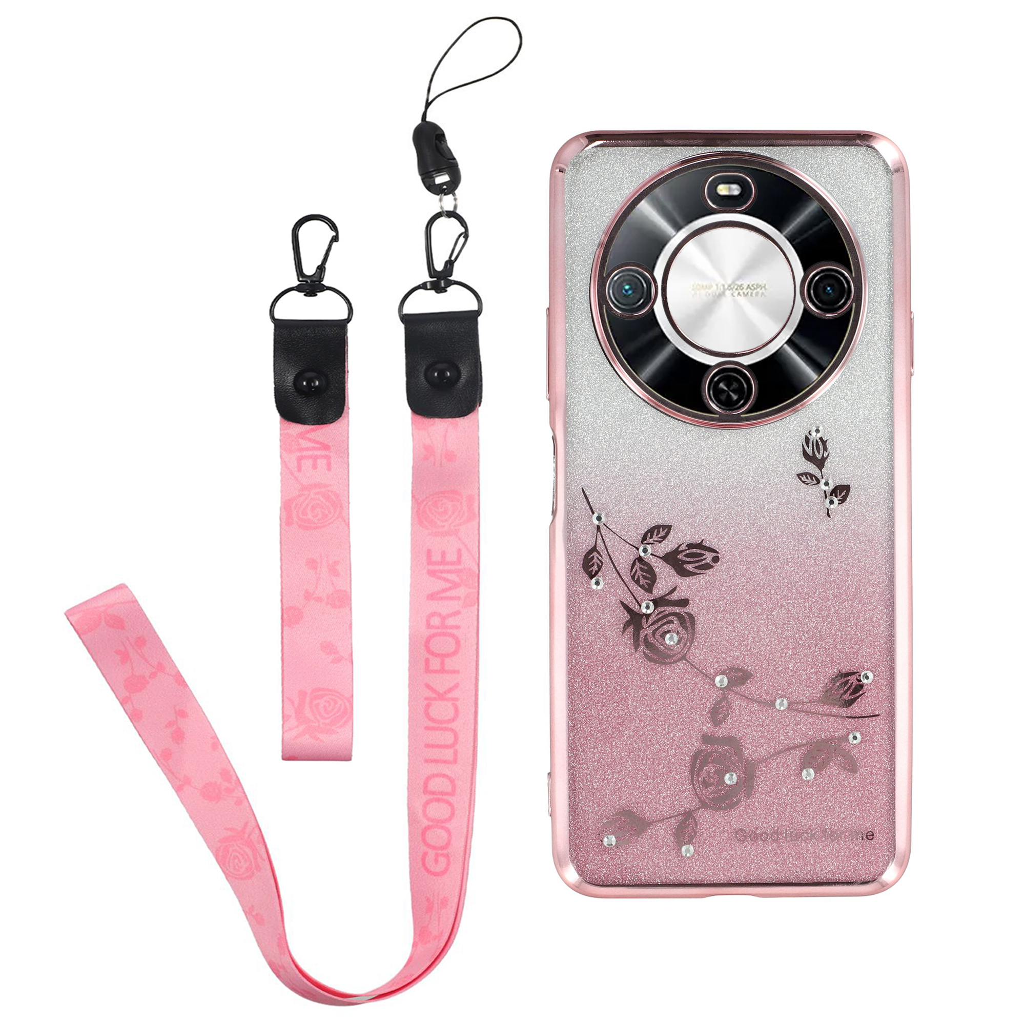 KADEM For Wiko Hi Enjoy 70 Plus 5G Case Flower Pattern TPU Gradient Phone Cover with Lanyards - Rose Gold