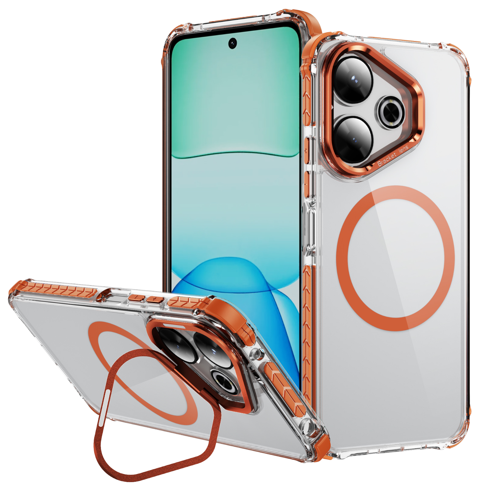 For Xiaomi Redmi 13 4G / 5G Clear Phone Case with Lens Kickstand Cover Magnetic Case - Orange