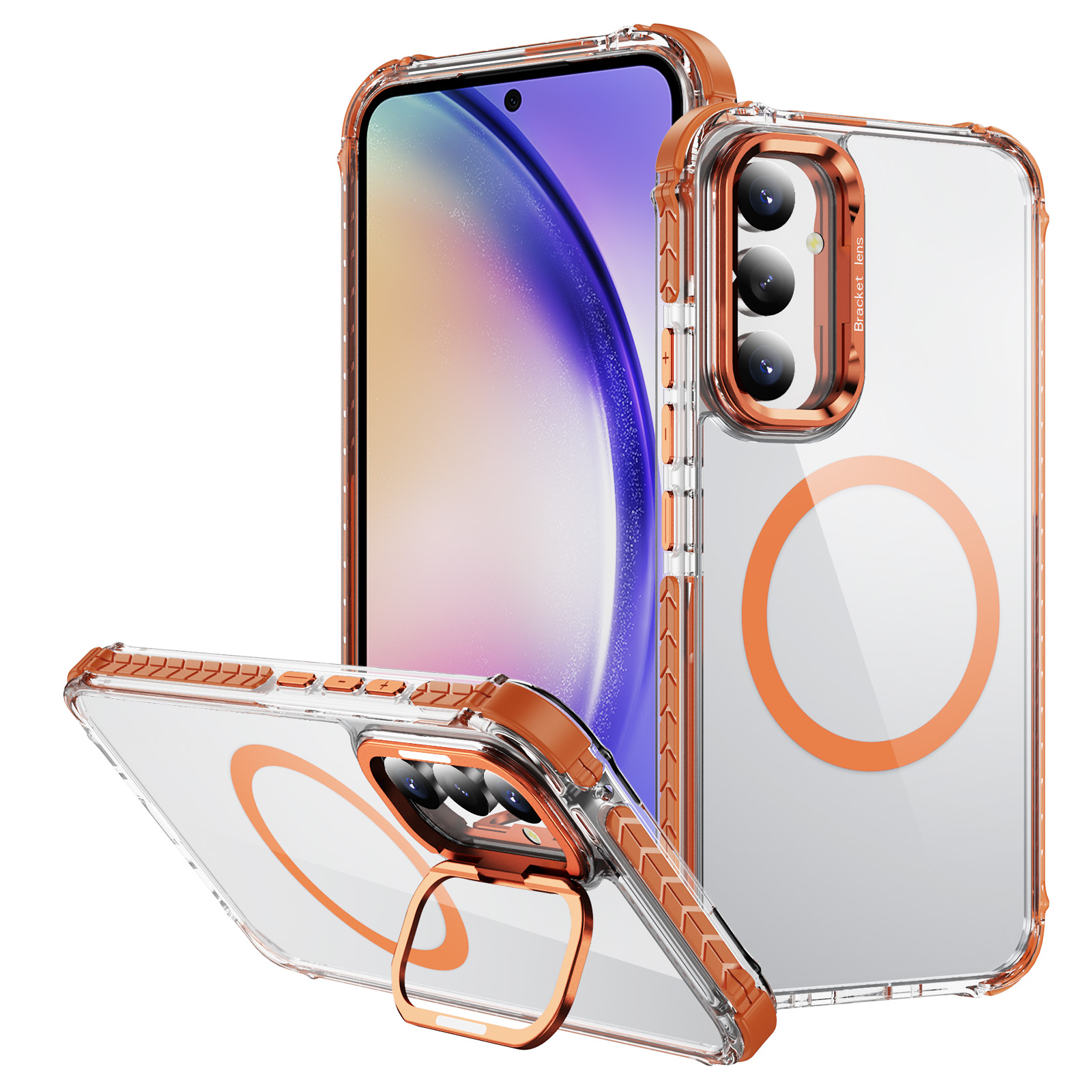 For Samsung Galaxy A54 5G Clear Phone Case with Lens Kickstand Cover Magnetic Case - Orange