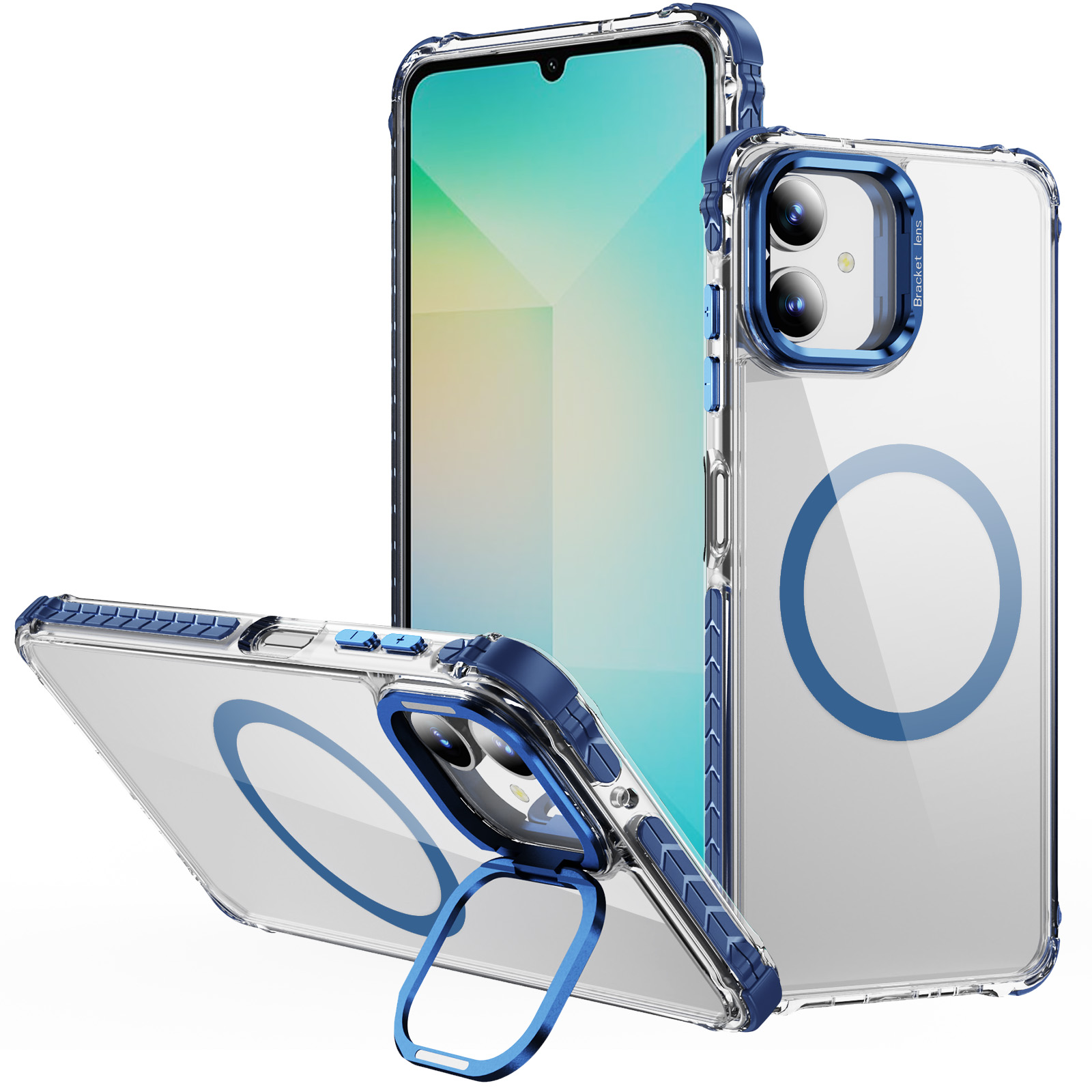For Samsung Galaxy A05 4G Clear Phone Case with Lens Kickstand Cover Magnetic Case - Blue