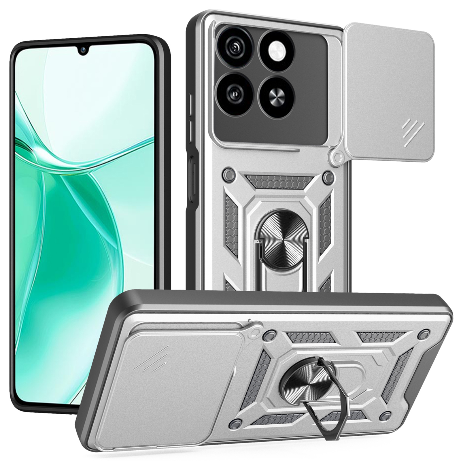 For ZTE Blade A35 / A55 Case with Slide Camera Lid PC + TPU Kickstand Phone Cover - Silver