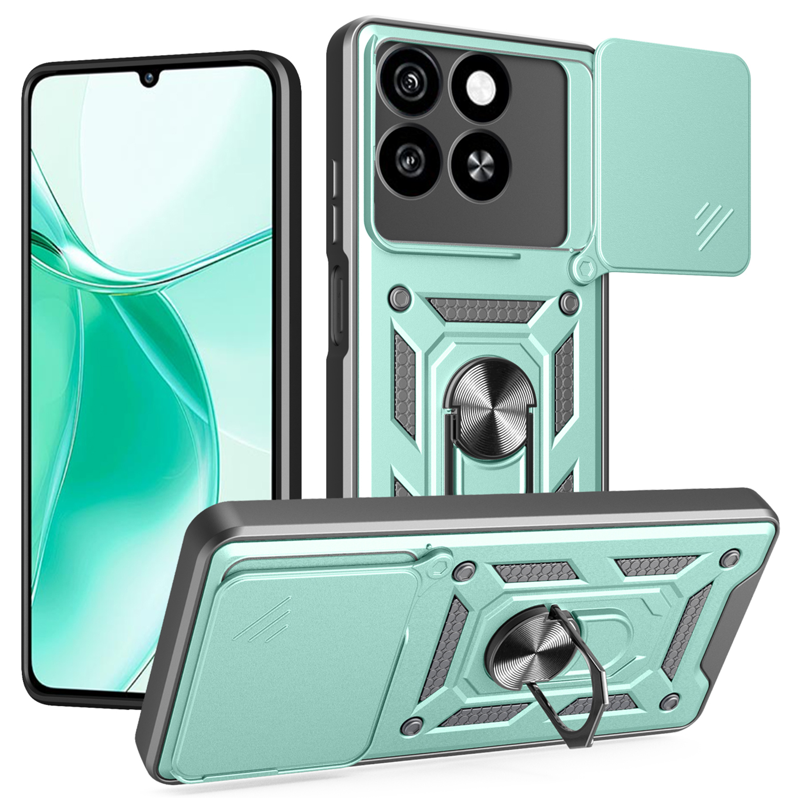 For ZTE Blade A35 / A55 Case with Slide Camera Lid PC + TPU Kickstand Phone Cover - Green